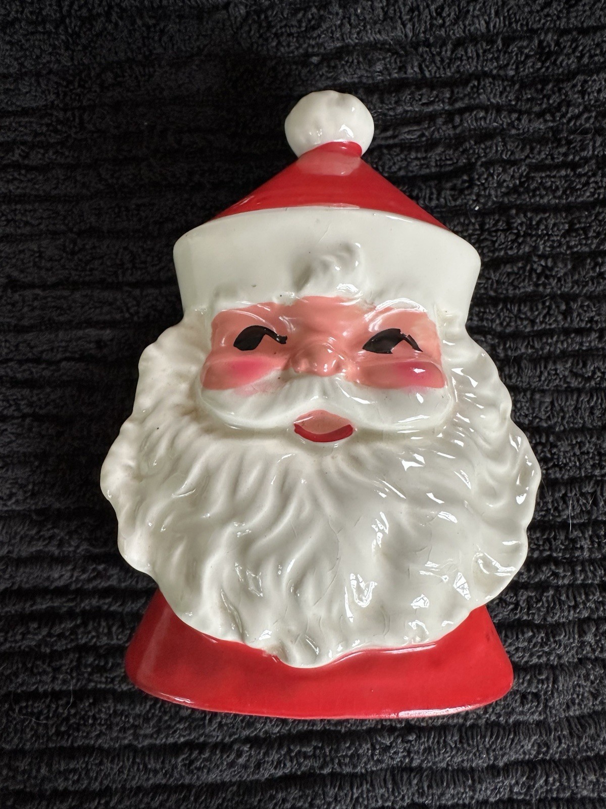 Vintage Japan Ceramic Santa Claus Head Coin Bank 7 in Red/White Glossy