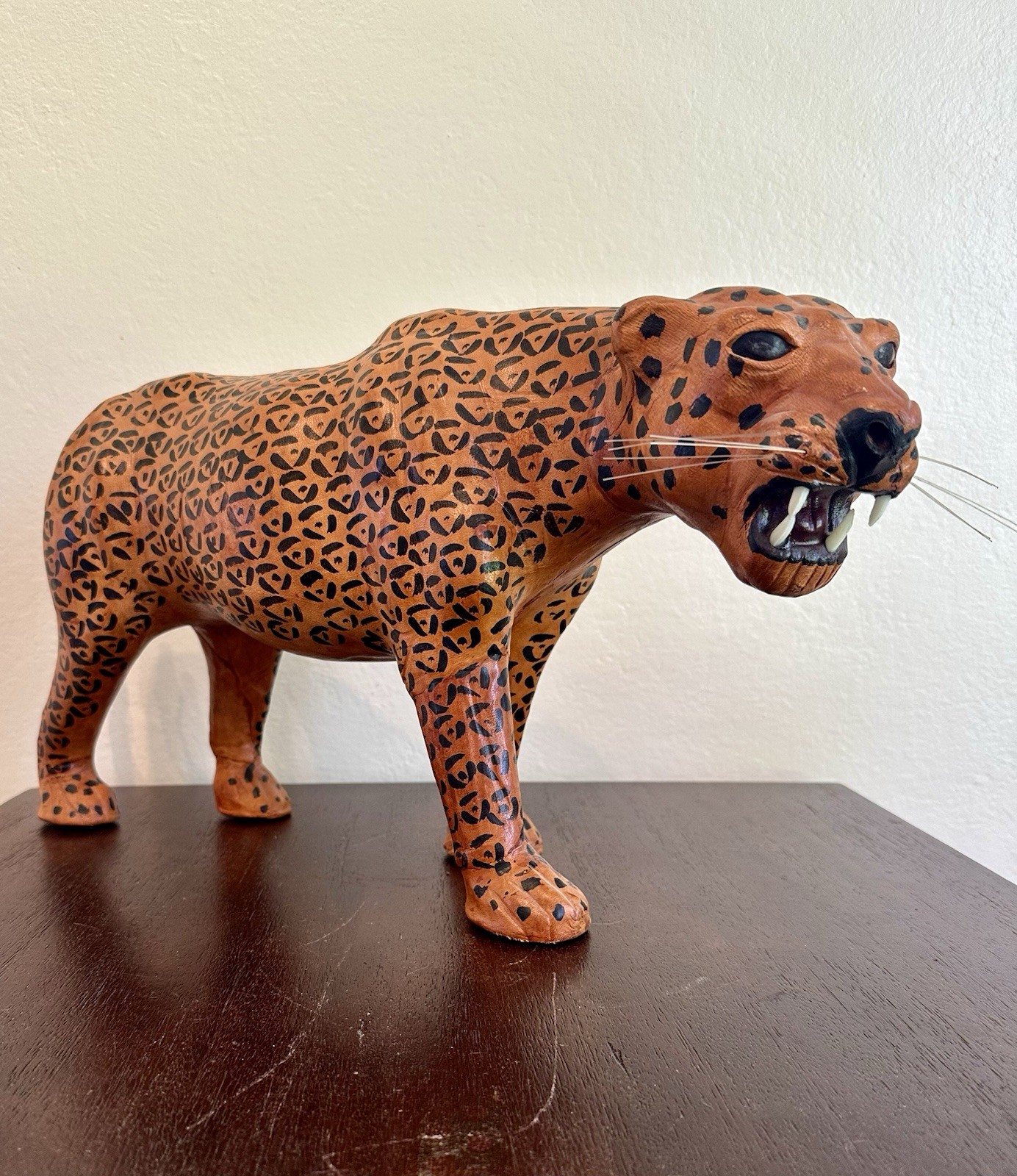 Vintage 1970s Leather Leopard Jaguar Sculpture Large Big Cat Handcrafted 20”W