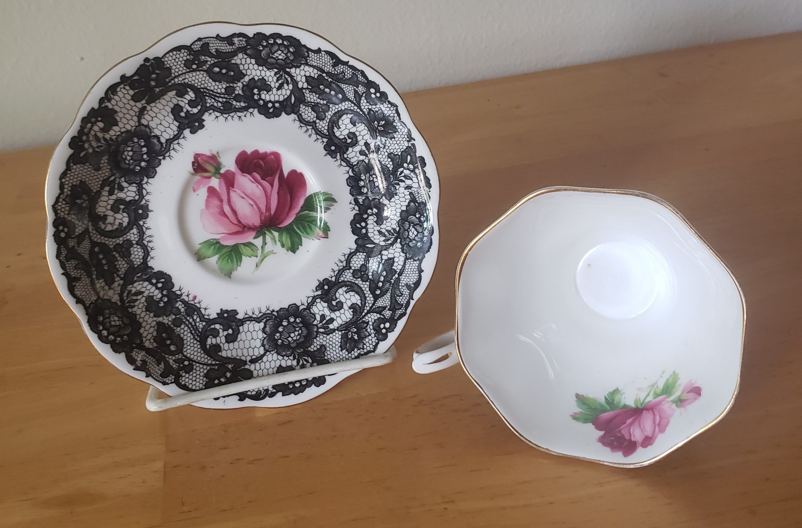 Vintage Royal Albert Senorita Bone China Teacup Saucer England Black Lace 1950's