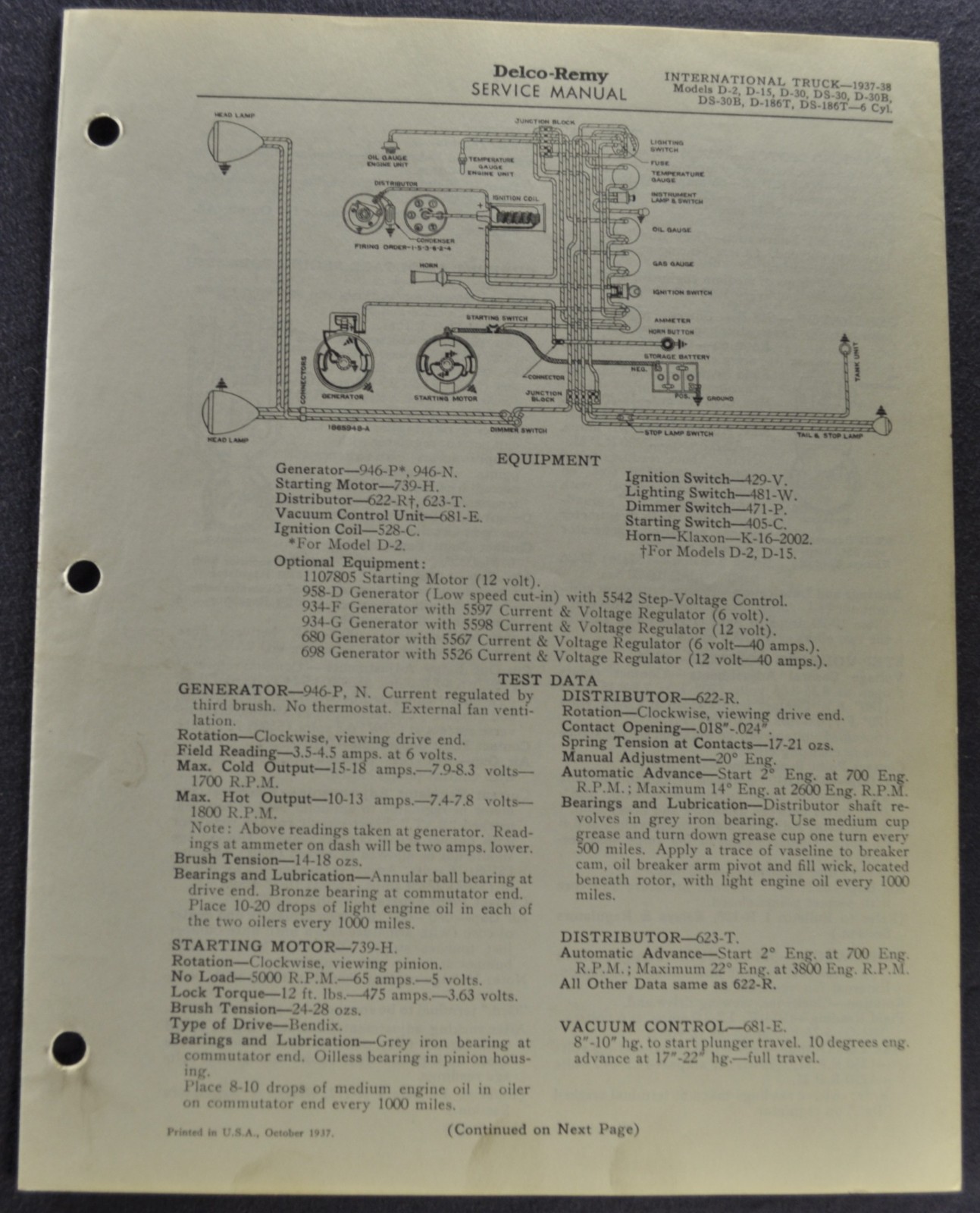 1937-1938 International Truck Wiring Diagram Folder D-2 D-15 D-30 Original