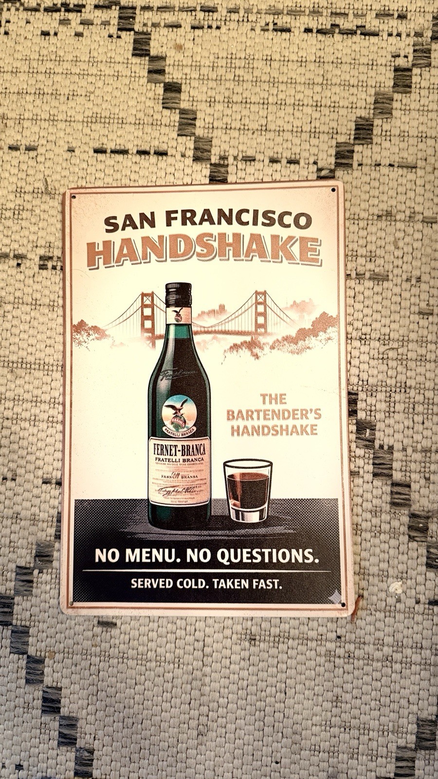 The San Francisco Handshake Metal Sign 12” Bar Bartender Fernet Branca ON The San Francisco Handshake Metal Sign 12” Bar Bartender Fernet Branca ON