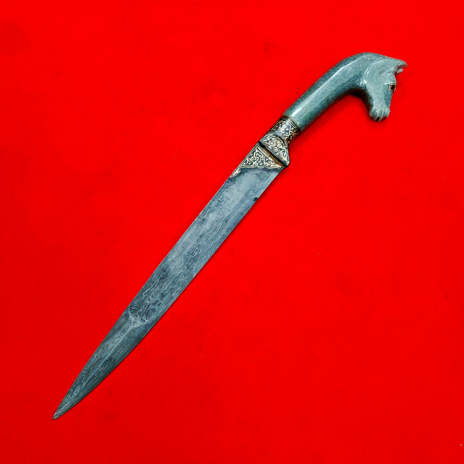 Vintage Indo-Persian Mughal Islamic Jade Gold Koftgari Damascus Horse Kard Knife