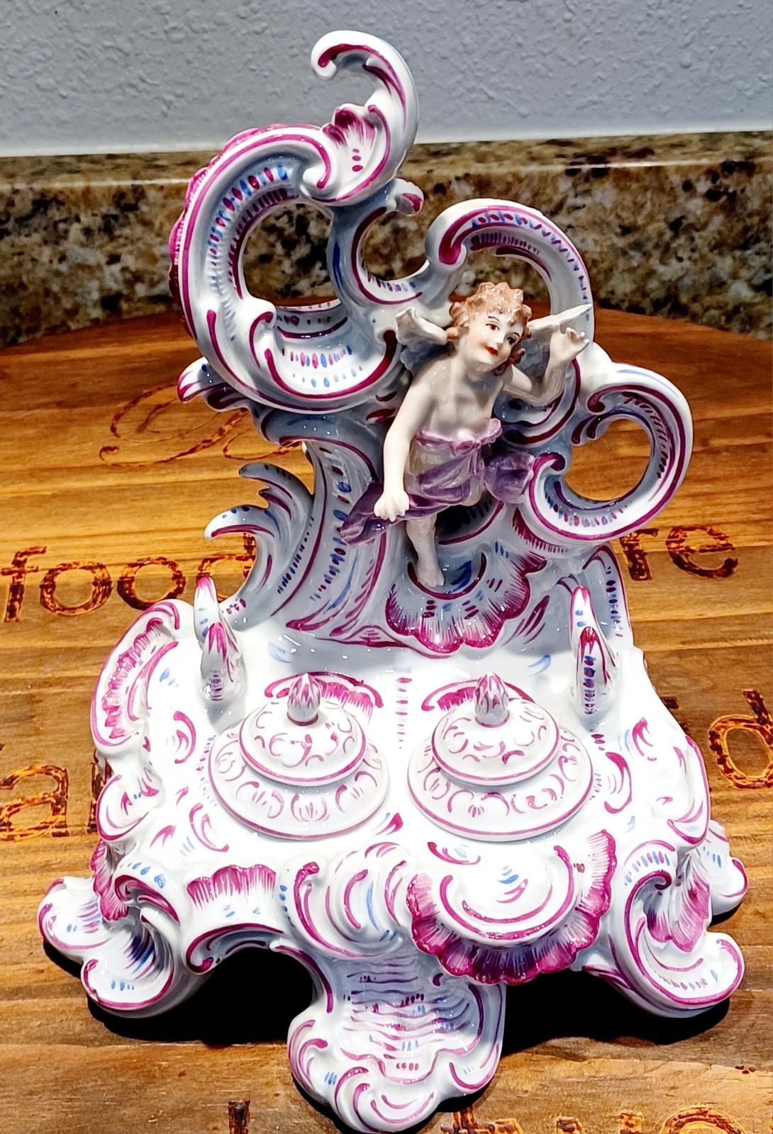  Antique Carl Thieme Dresden Porcelain double inkstand Cherub Putto figural set 