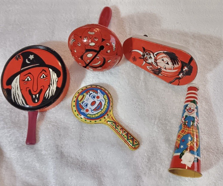 Vintage Halloween Metal Wood Noise Makers  Witch , Pumpkins , Clown, Lot Of 5.