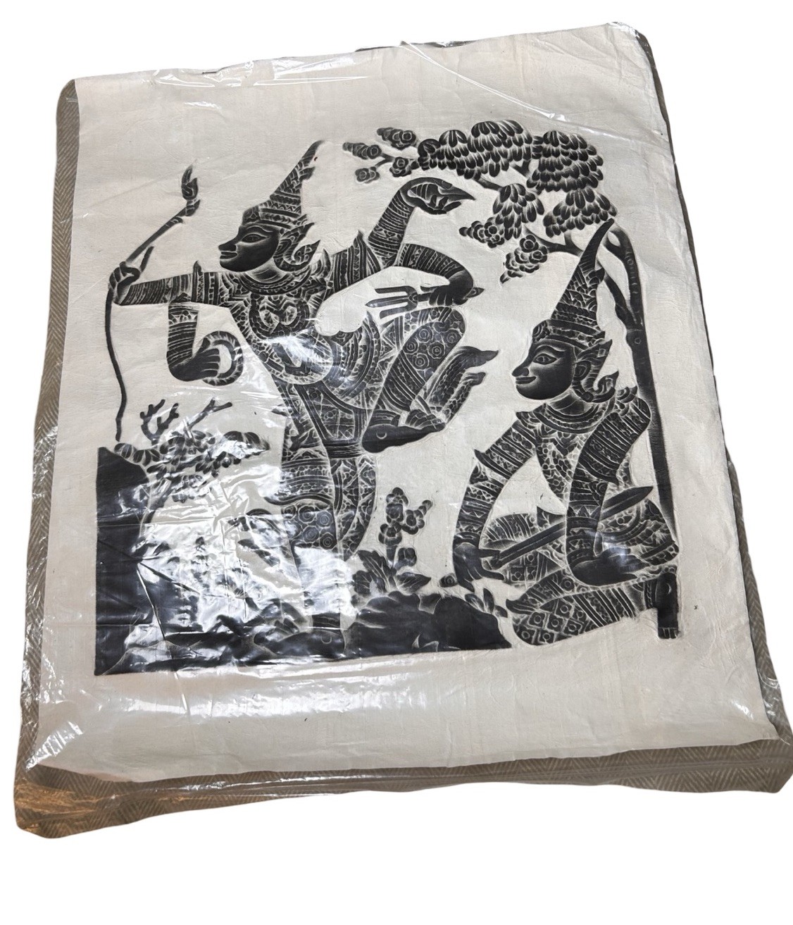 Vintage Thai Temple Rubbing Ramakien Charcoal on Rice Paper Unframed 22.5”