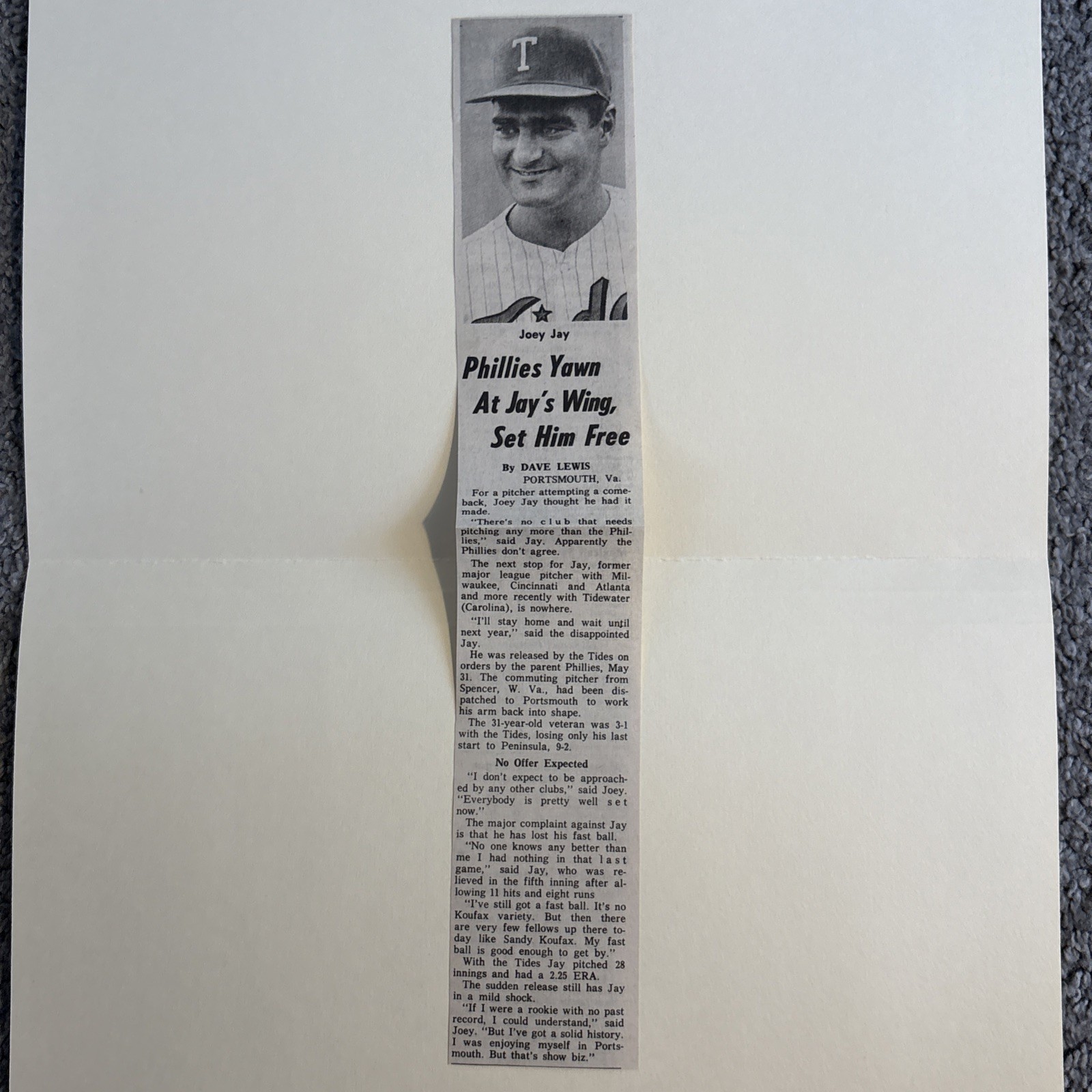 Joey Jay Tidewater Tides 1967 Sporting News Baseball 2X12 Panel