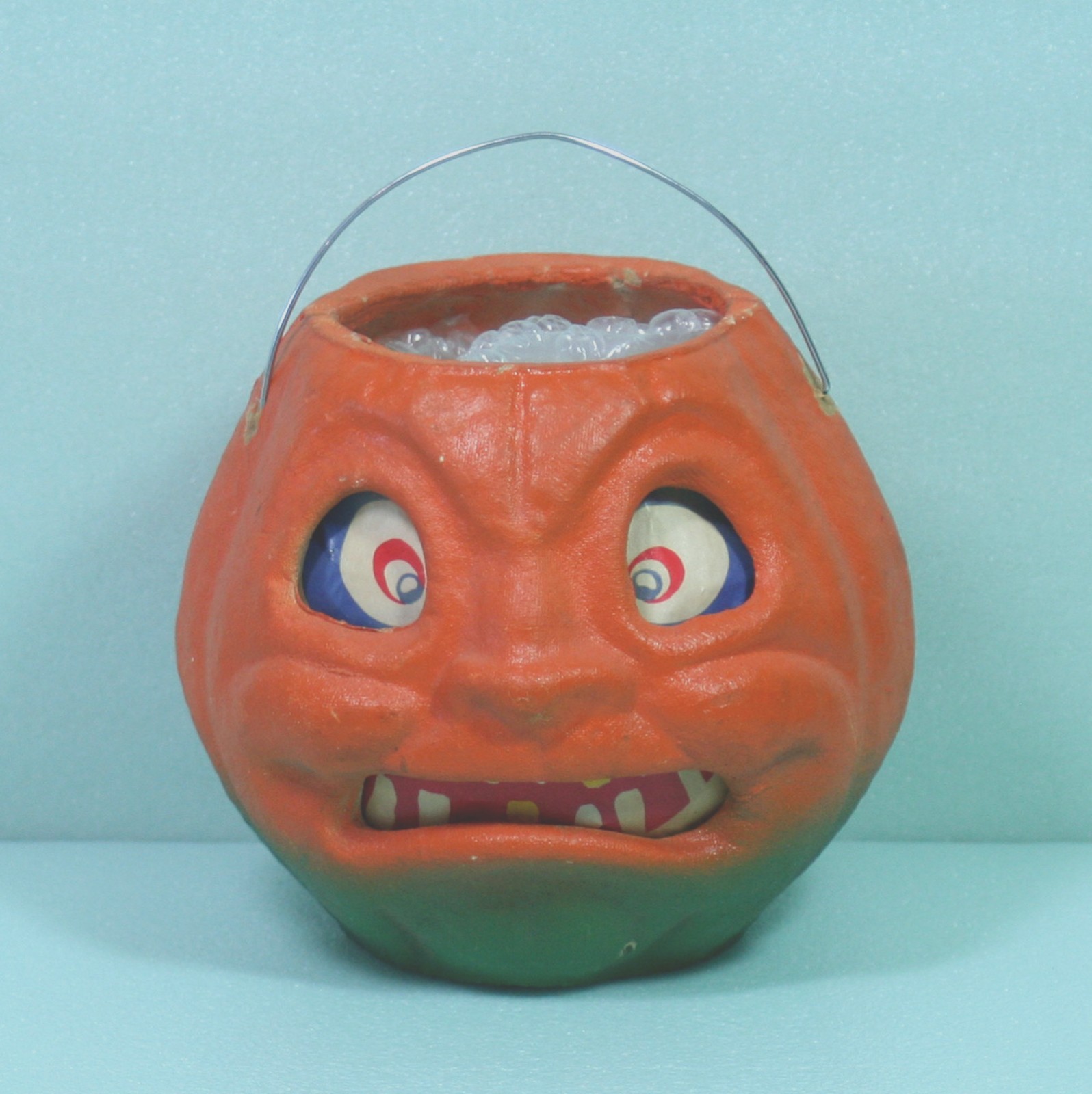 Vintage Paper Mache Jack O Lantern Bucket Teeth Eyes Halloween Vintage 1940's