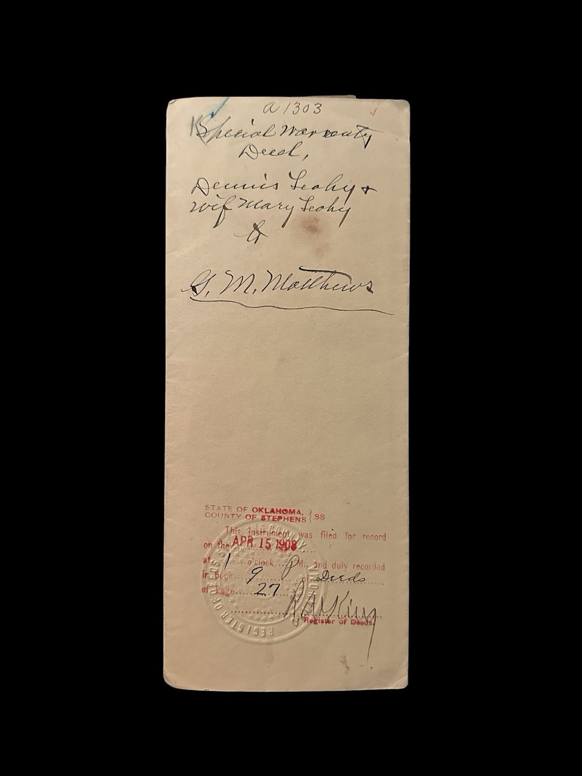 1906 Oklahoma Indian Territory Special Warranty Deed Comanche County Land Rare