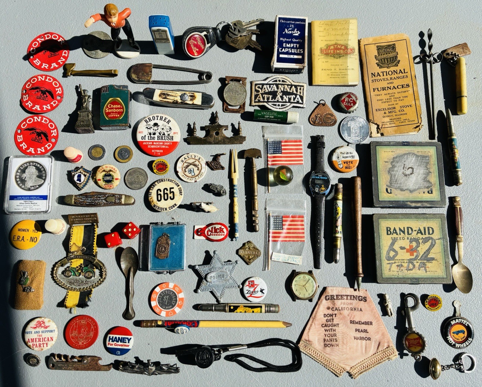 Vintage Estate Junk Drawer Advertising Lot Coin Knife Watch Climax Poker Chip