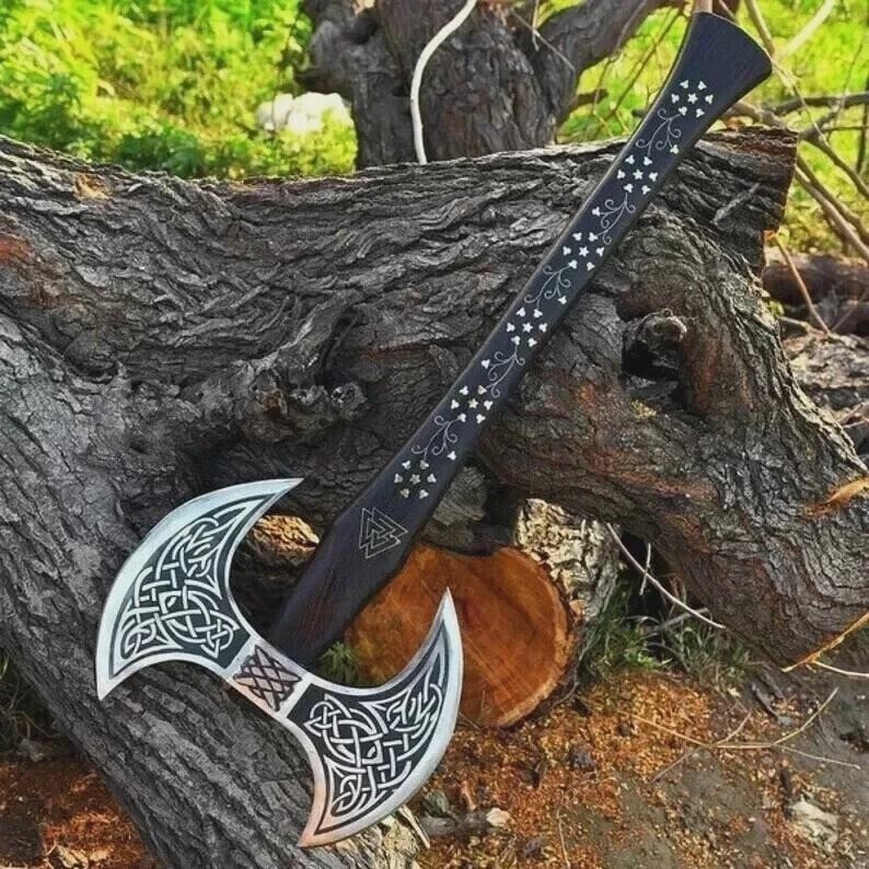 Handmade Forged Steel Double Bit Axe Etched Blade Carved Wood Handle Replica Art