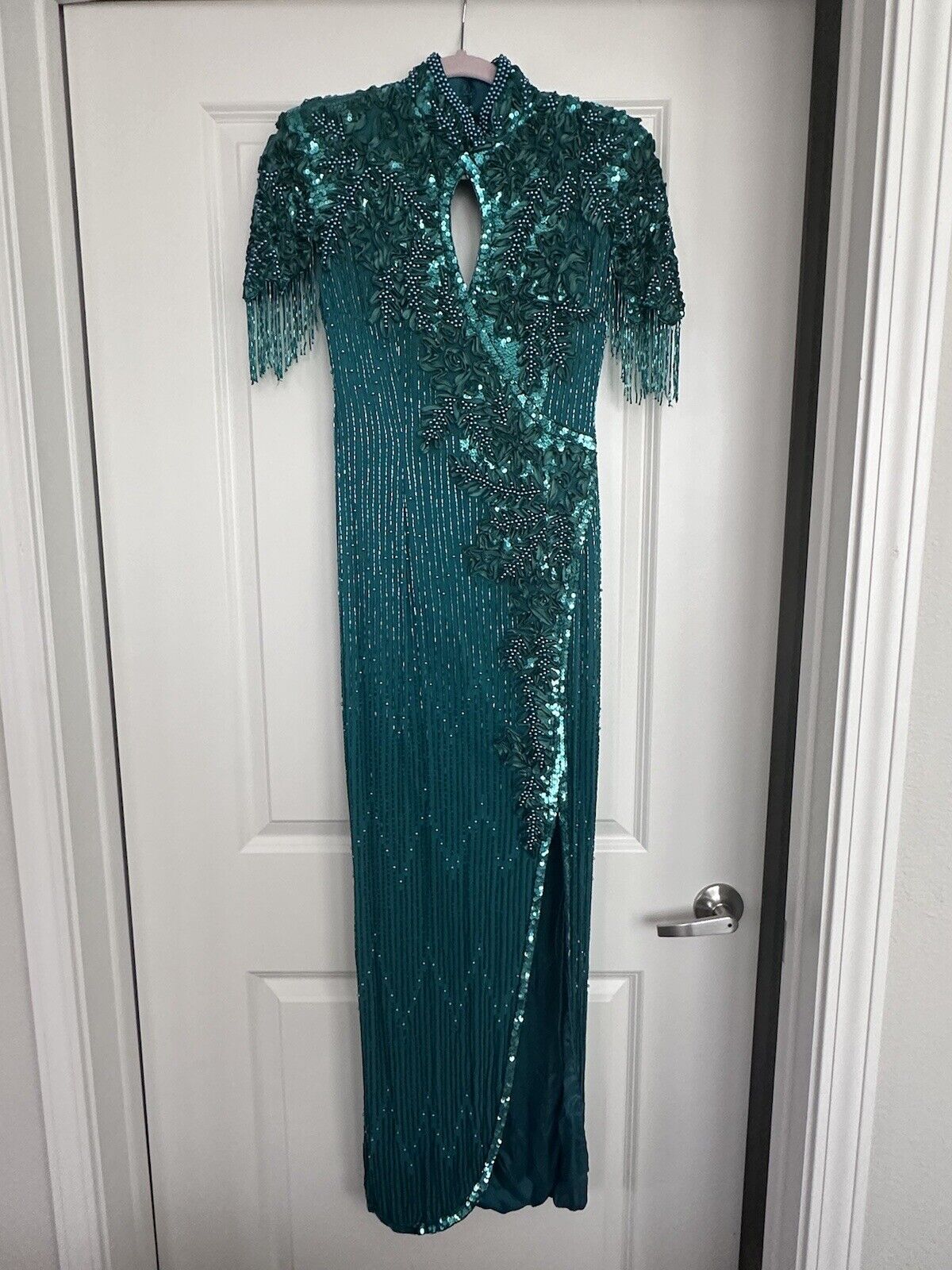 Vintage Oscar De La Renta?Beaded Sequin Evening Dress Sz 4 Emerald Green Fringe