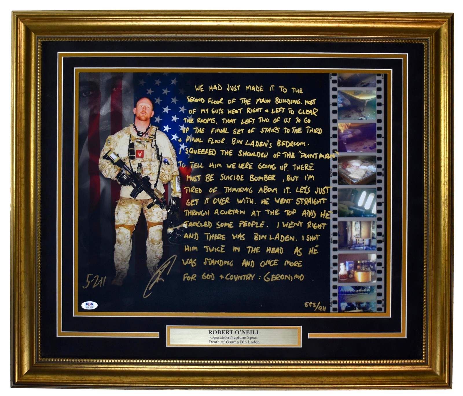 Robert O'Neill Signed/Insc 16x20 Osama Bin Laden Seal Team Six Framed PSA 211318