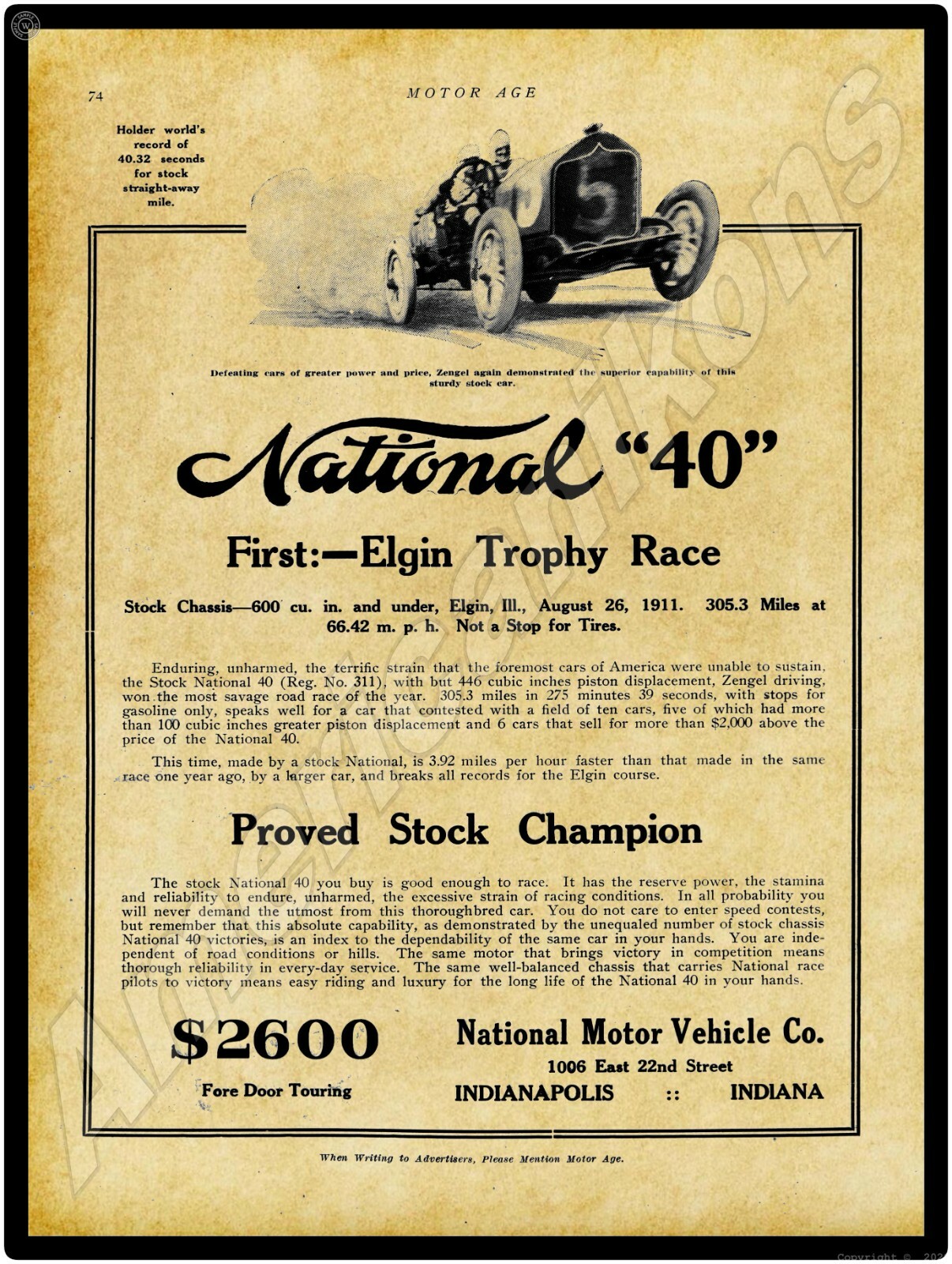 1912 Elgin Car Race NEW Metal Sign - 24