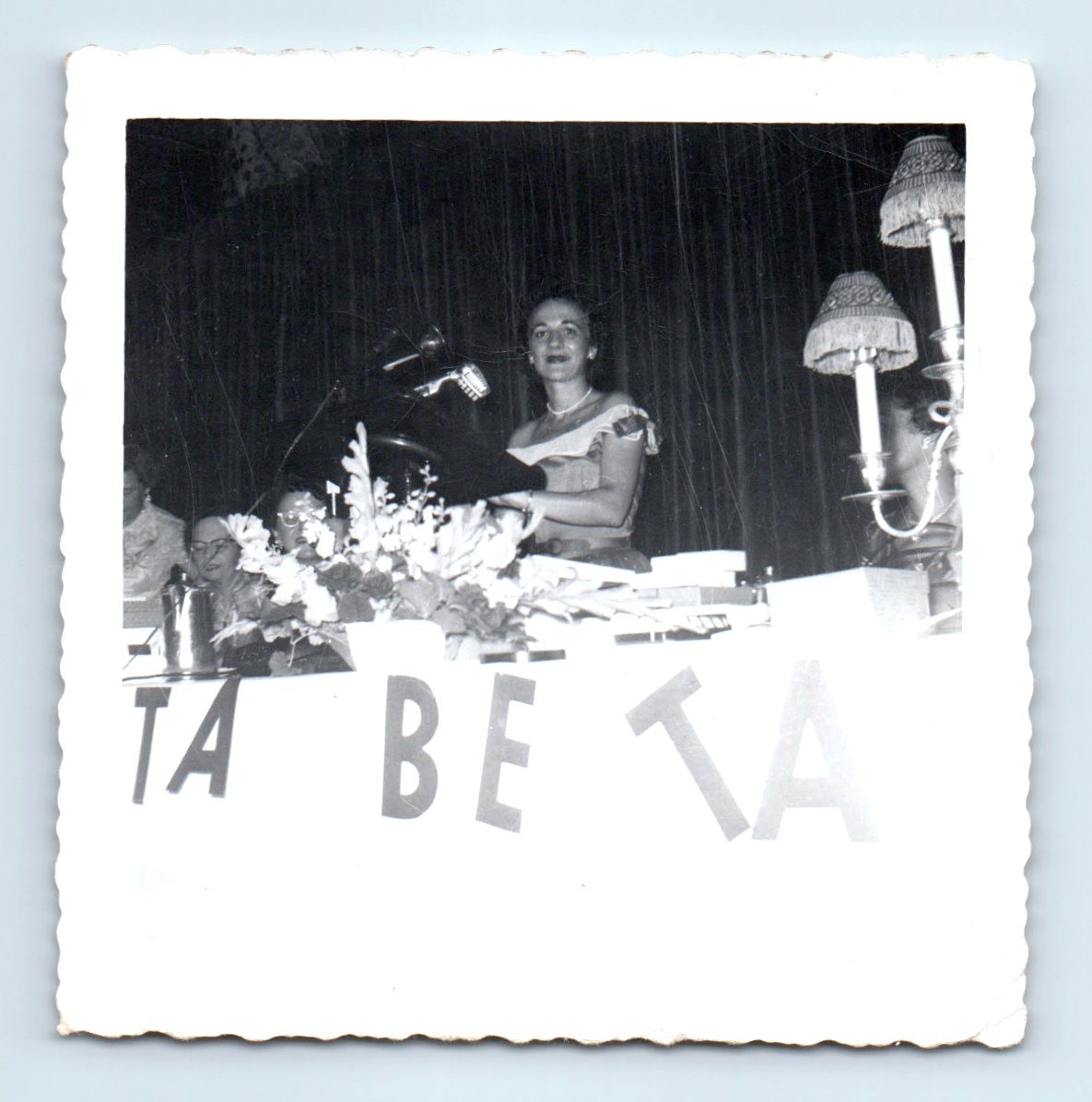 Old Vintage Square Photo WOMEN GROUP AT TABLE MICROPHONE PODIUM SNAPSHOT PICTURE
