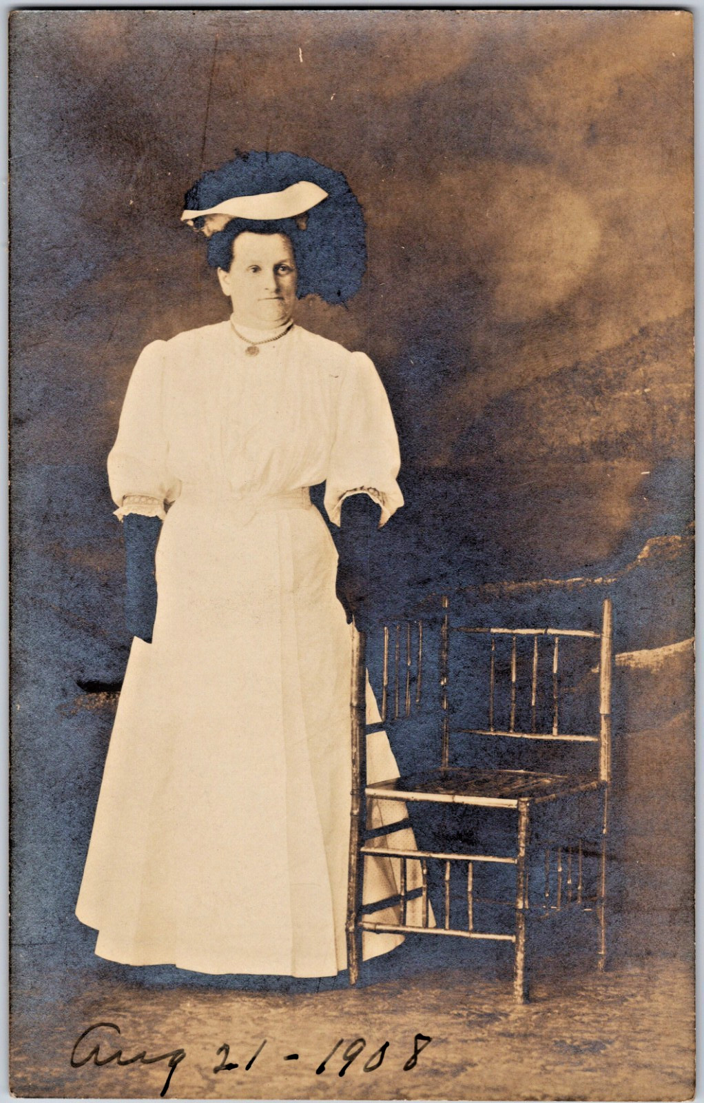 Antique RPPC Real Photo Postcard Edwardian Fashion Woman White Dress Dated 1908