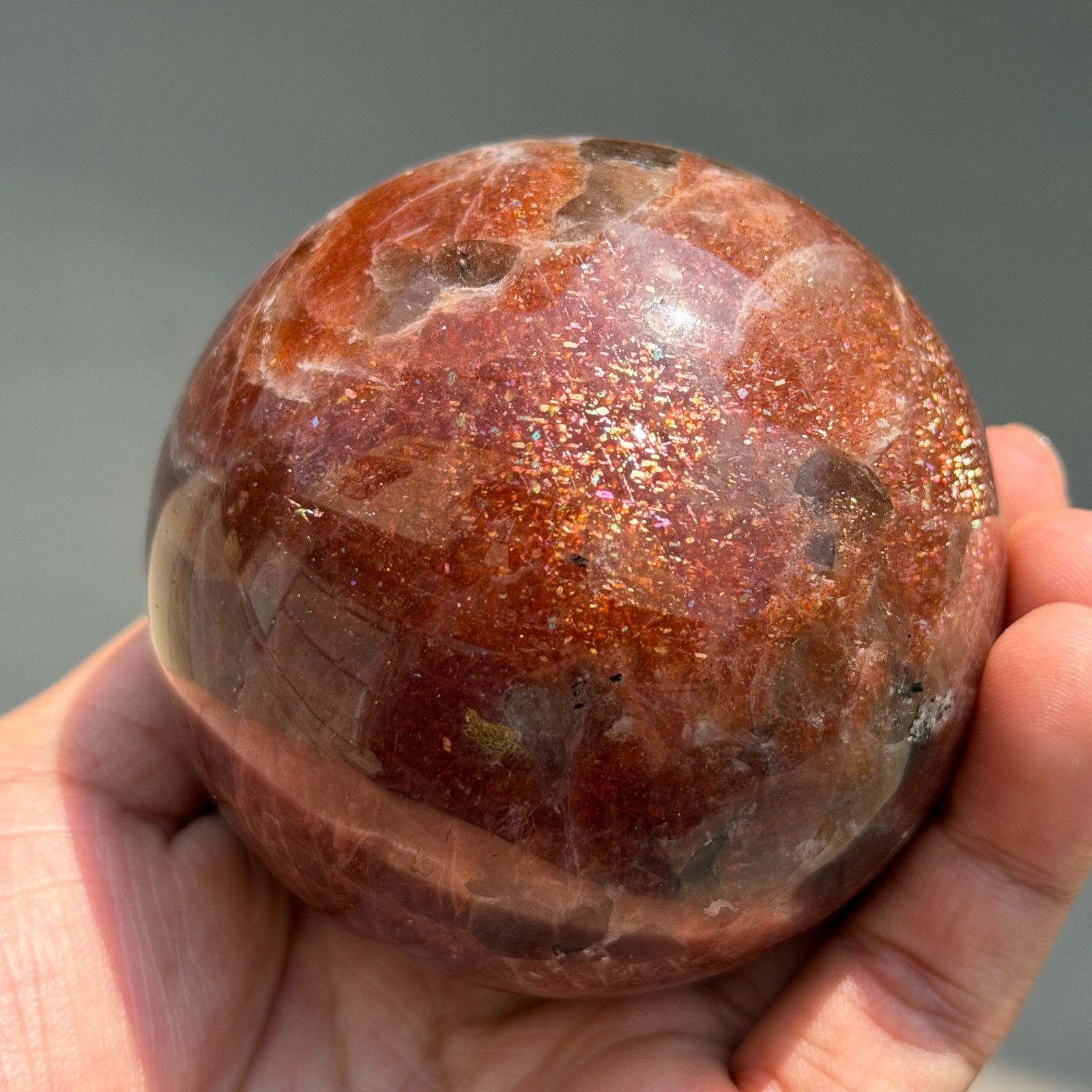 549g Natural Rainbow Flash Sunstone Sphere Quartz Crystal Mineral