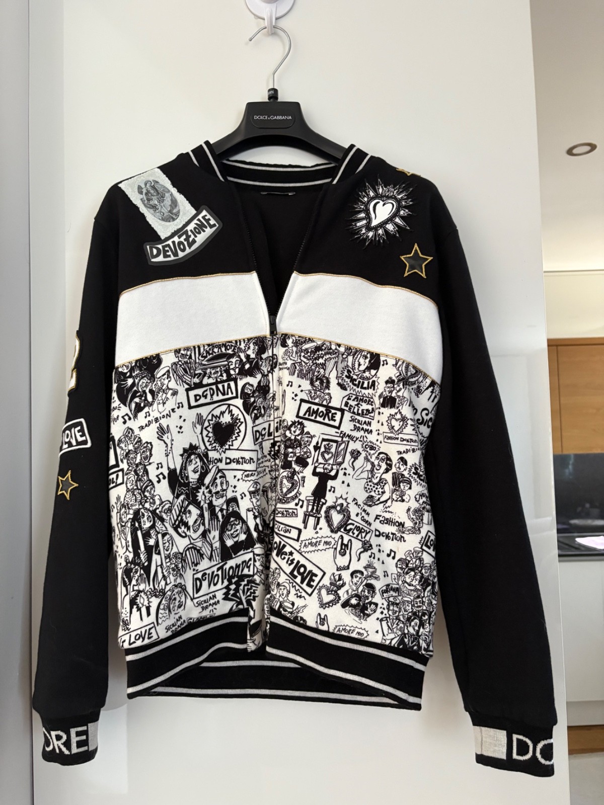 DOLCE & GABBANA Graphic Sacred Heart Bomber Jacket Black/White Size 11/12