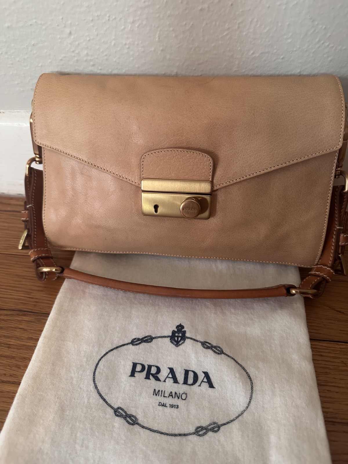 Vintage PRADA Sound Lock Vitello Daino Leather Handbag Tan with Pink Interior