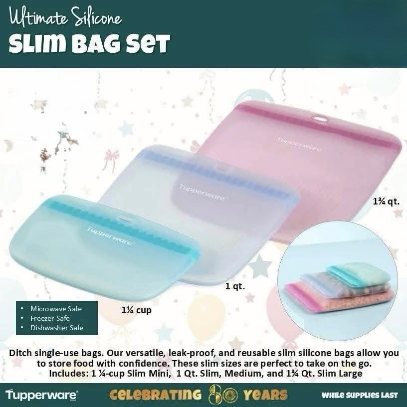 Tupperware The Ultimate Silicone Slim Bag Freezer Oven Microwave Safe Set 3 New