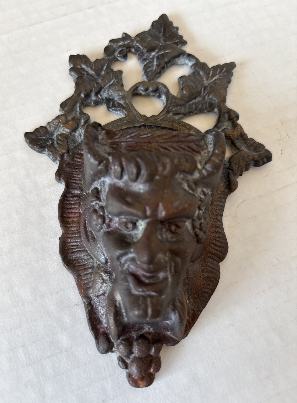 Antique Bacchus Dionysus Devil Satyr Head Cast Iron Wall Mount Match Safe  COZZI