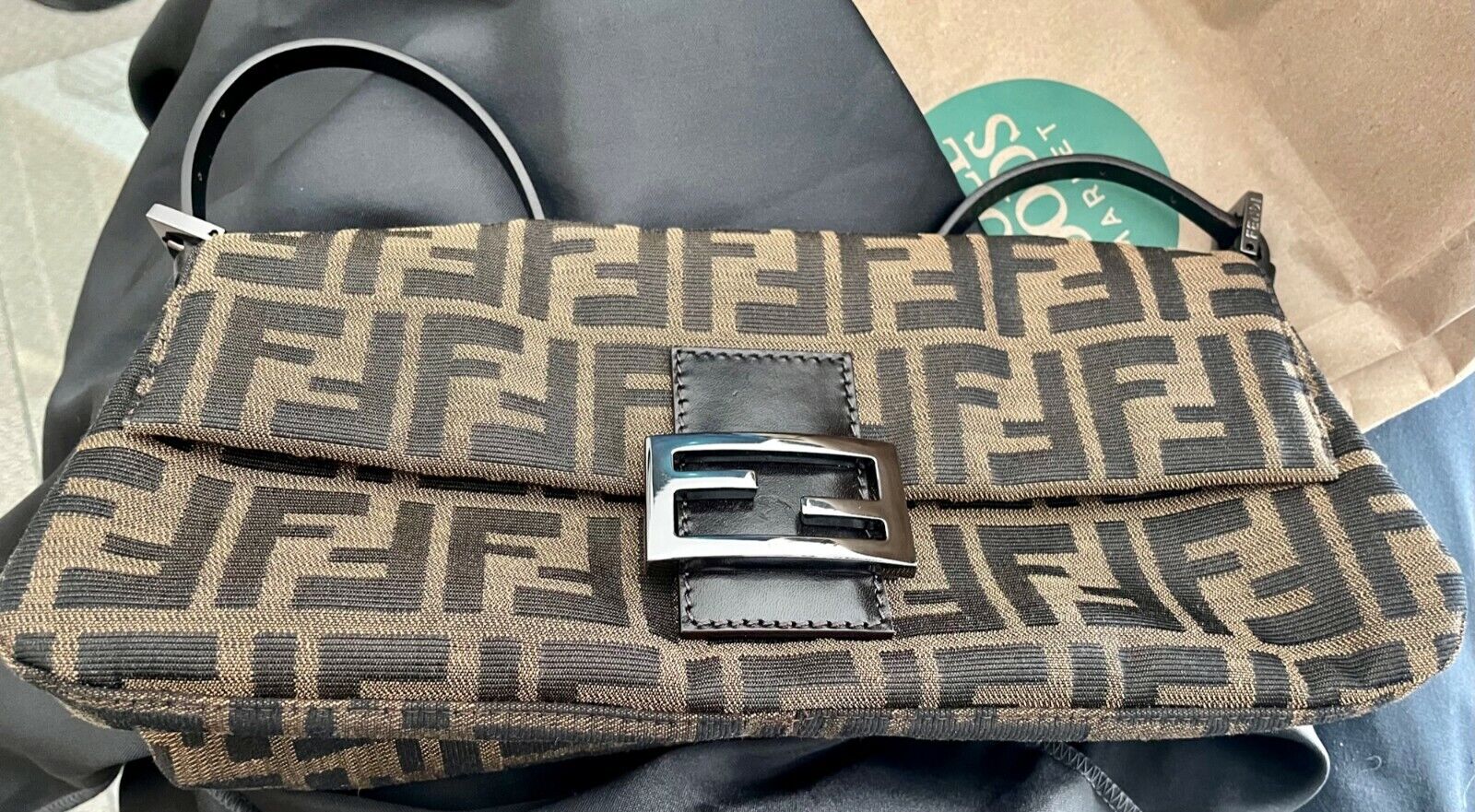 FENDI Zucchino Baguette Tobacco - Brown Canvas Leather Authentic Handbag