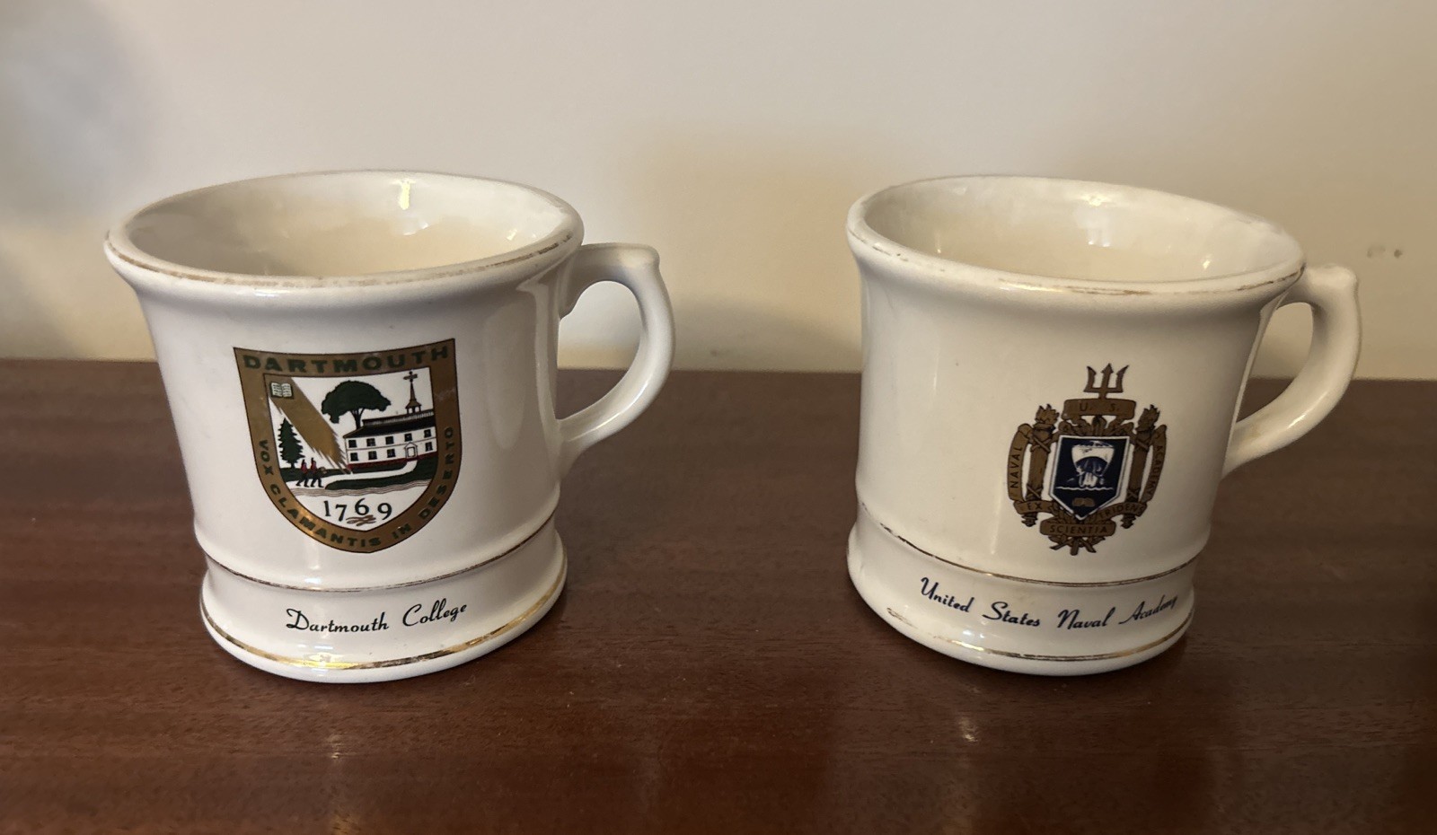 US Naval Academy And Dartmouth College Vintage Gold Trimmed Crested Mugs.