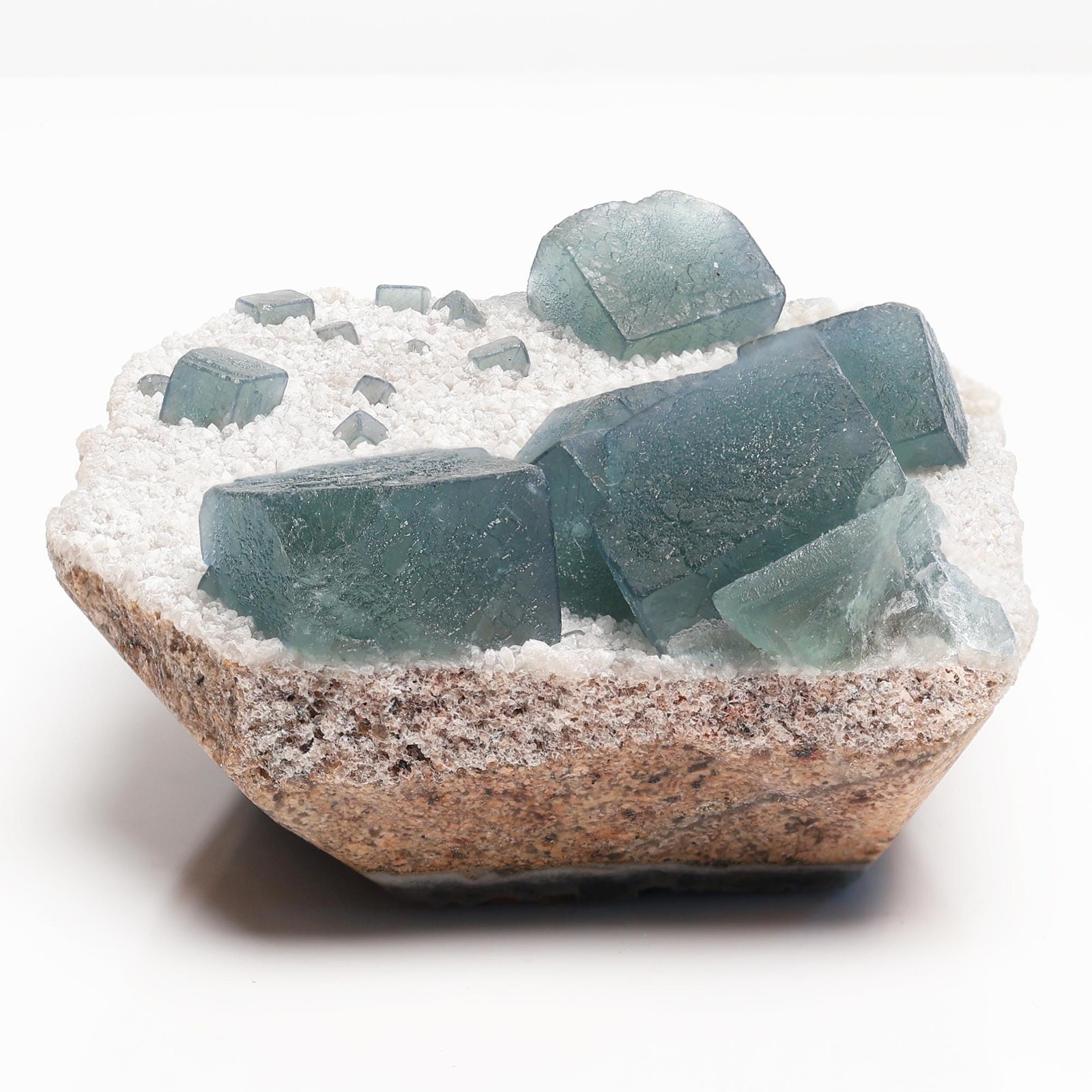 Blue-Green Cubic Fluorite on White Drusy Matrix | Natural Mineral Specimen