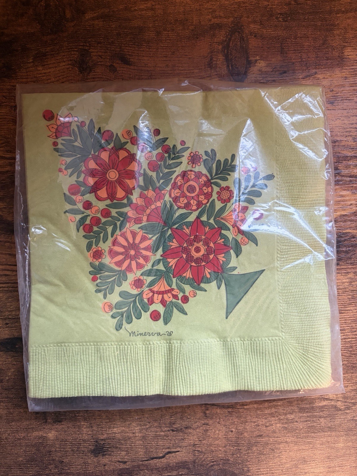 Vintage Contempo Paper Napkins Green Red Orange Floral Retro Christmas NOS