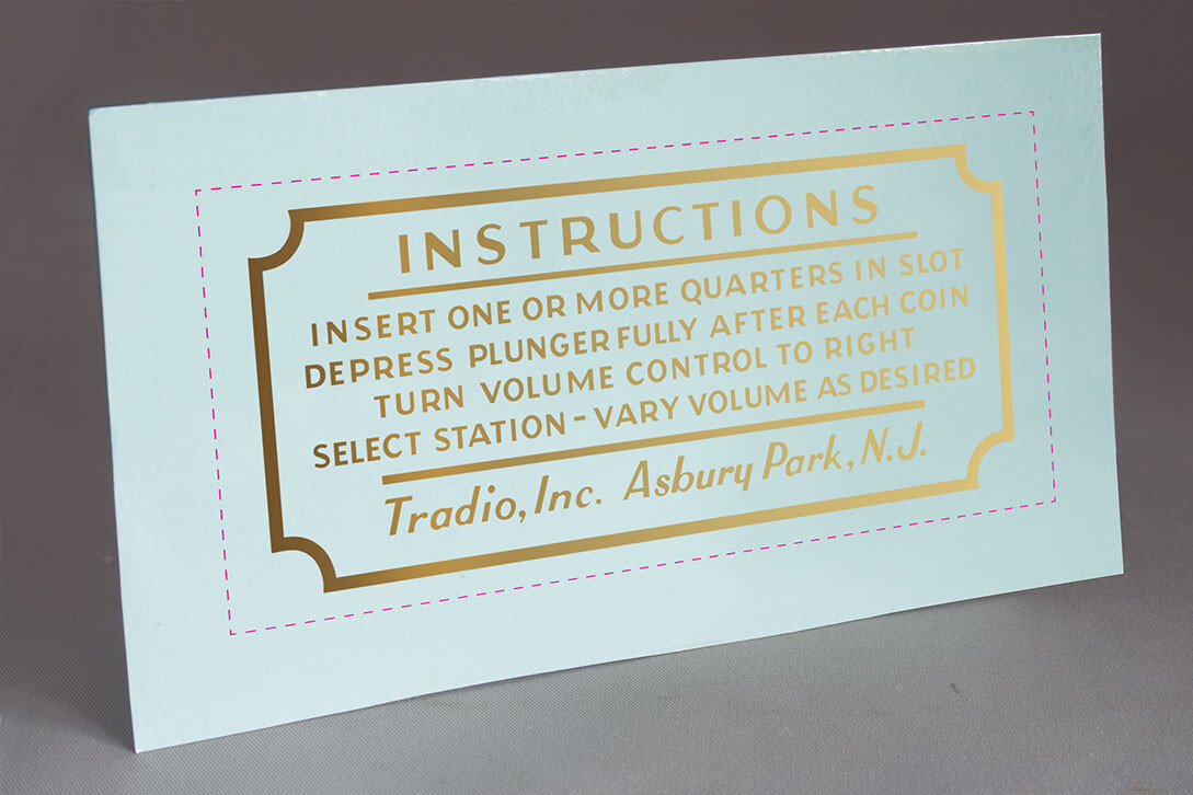 PRECUT TRADIO HOTEL RADIO COIN OPERATED INSTRUCTIONS WATER SLIDE DECAL