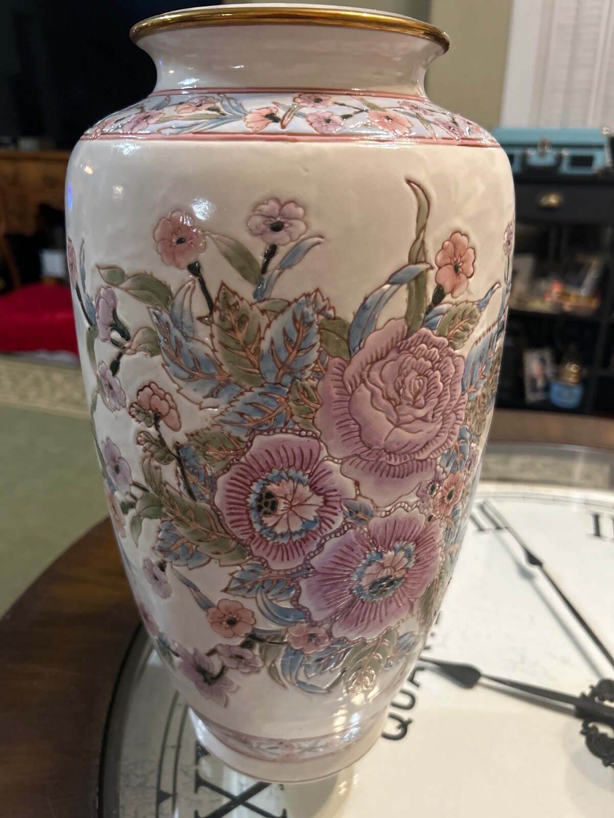 15” Vintage Rose Floral Gold Trim Macau Vase Design Etched Then Glazed