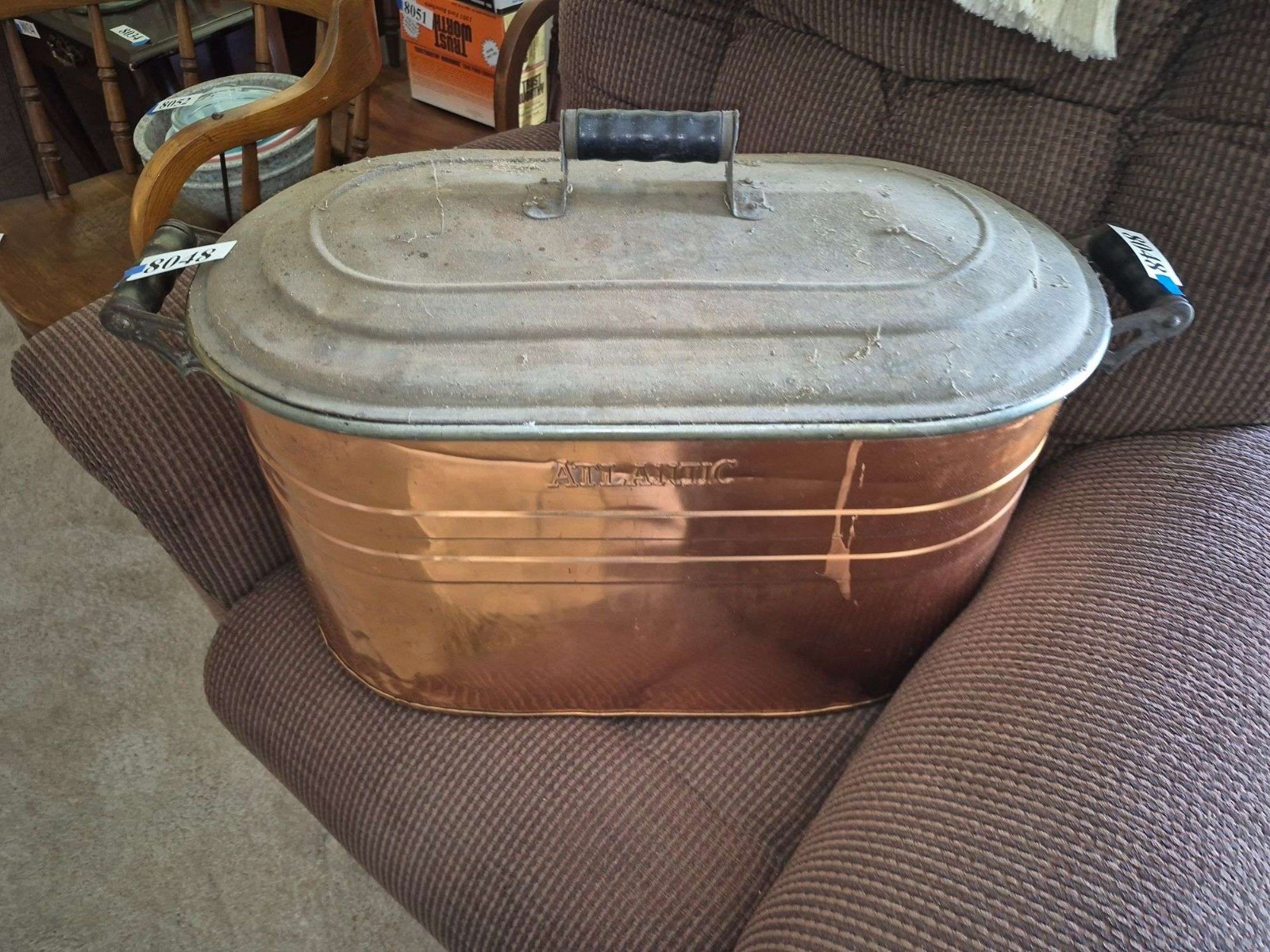 Gorgeous Primitive Solid Copper Antique Broiler w/ Lid Wooden Handles