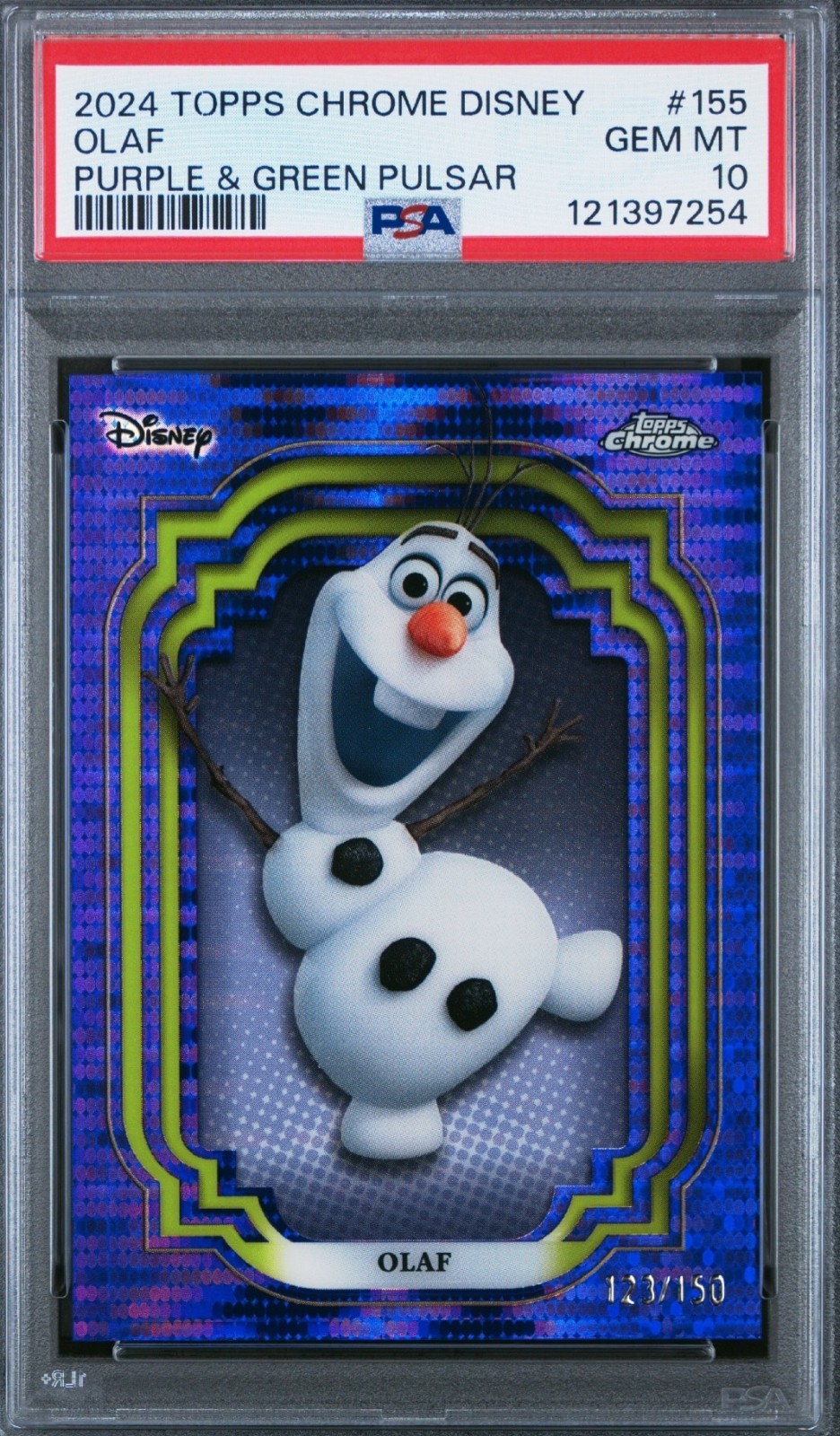 2024 Topps Chrome Disney PSA 10 Olaf /150 Purple Green Pulsar Refractor