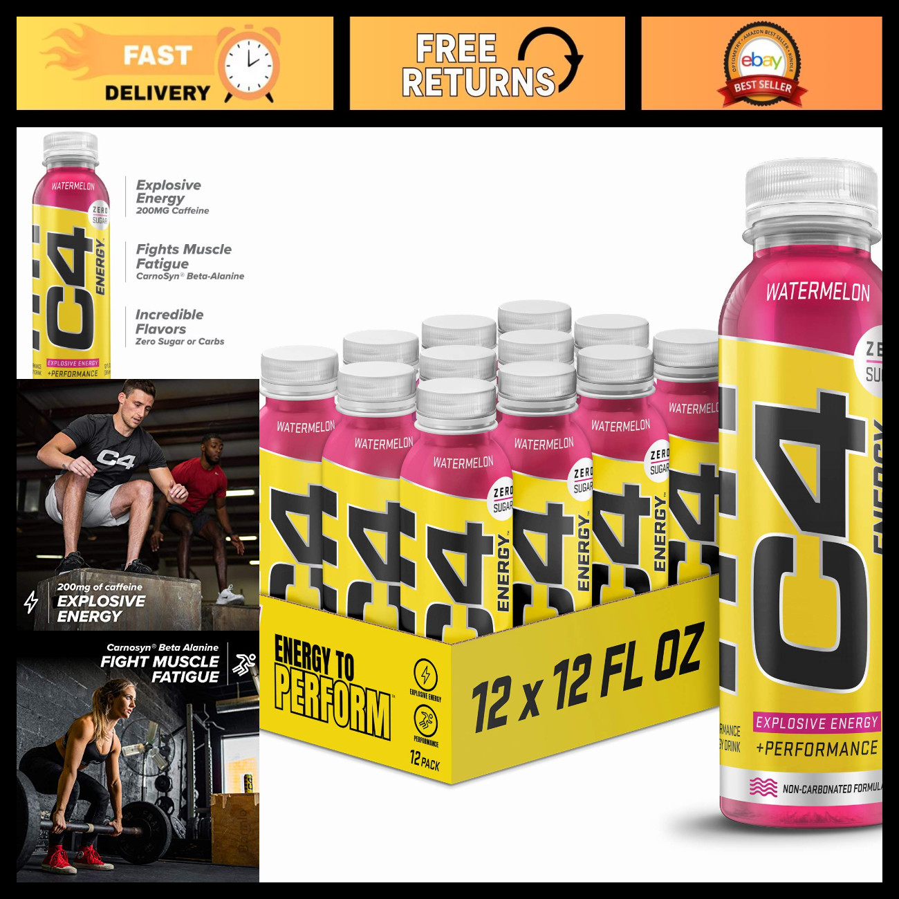 Zero Sugar Watermelon Energy Drink, Non-Carbonated, 12 Pack - Refreshing Boost