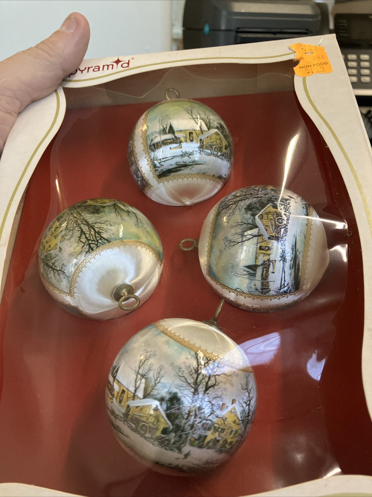 Box Of 4 Vtg Pyramid Christmas Ornaments Thread Satin Silk Winter Scene Holiday