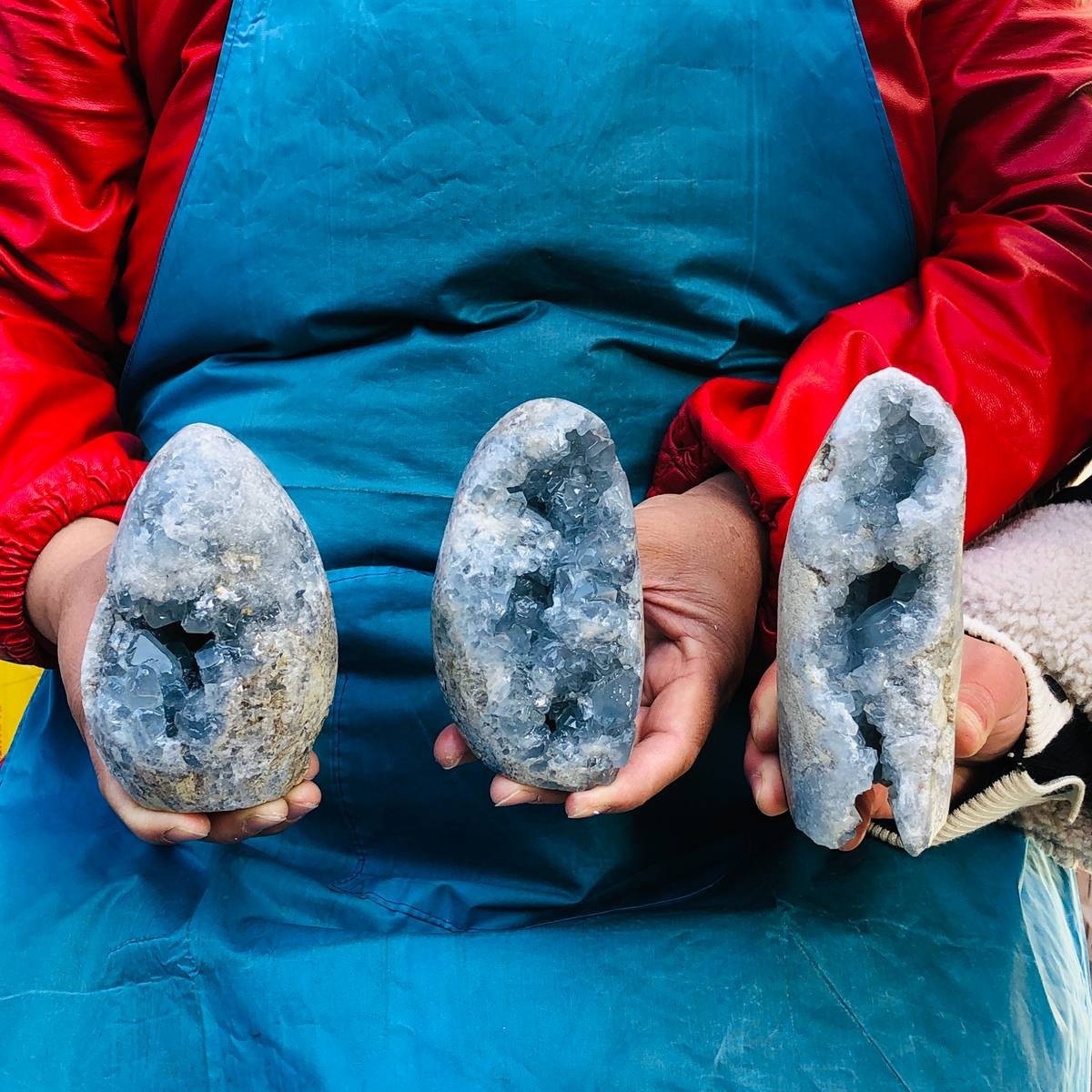 6.11LB 3pcs Natural Blue Celestite Geode Quartz Crystal Mineral Specimen Healing
