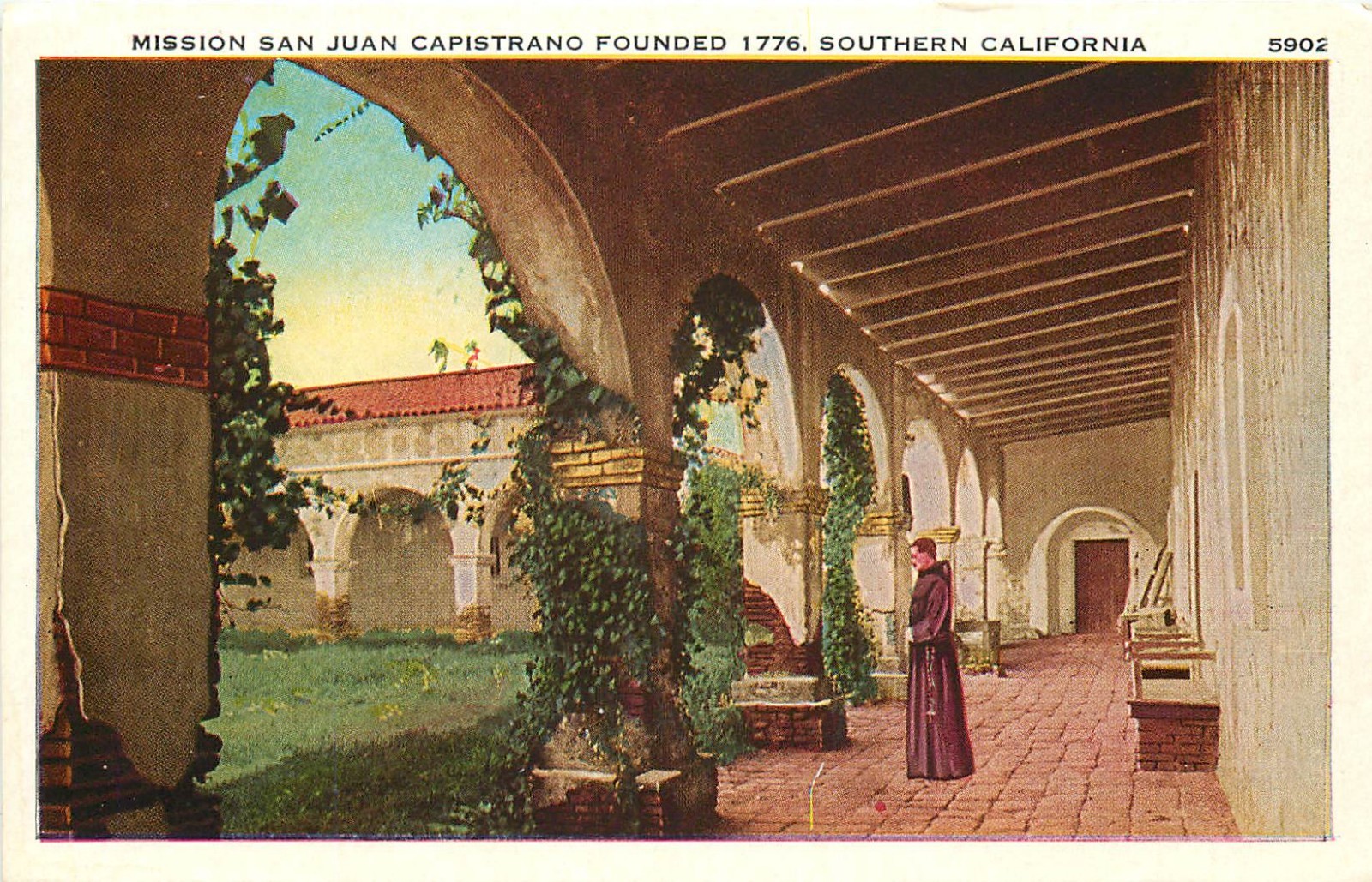 DB Postcard CA F019 Mission San Juan Capistrano Founded 1776 Arches Patio
