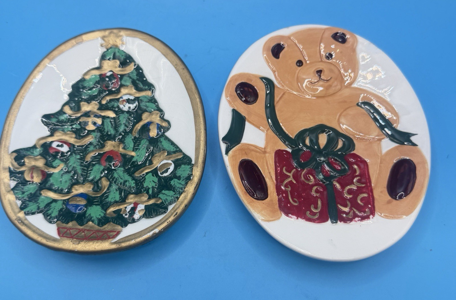 Vintage 1997 Allure Christmas Tree Teddy Bear Ceramic Trinket Dish Set of 2