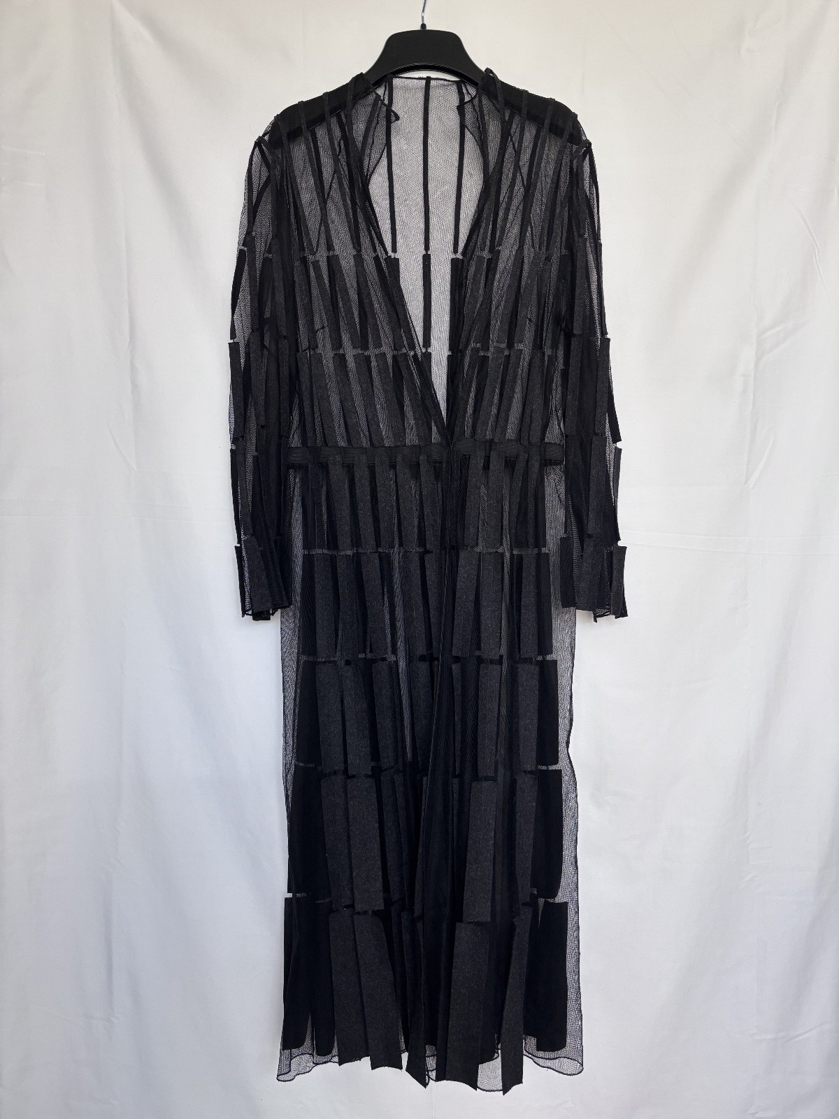 Akris Sheer Overlay Dress Graphite Silk Tulle Geometric Ribbon Appliqué Size 10