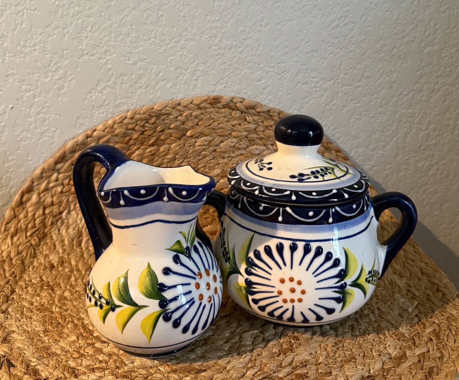 H Mexico Hand Painted Ceramic Creamer and Sugar Bowl Set