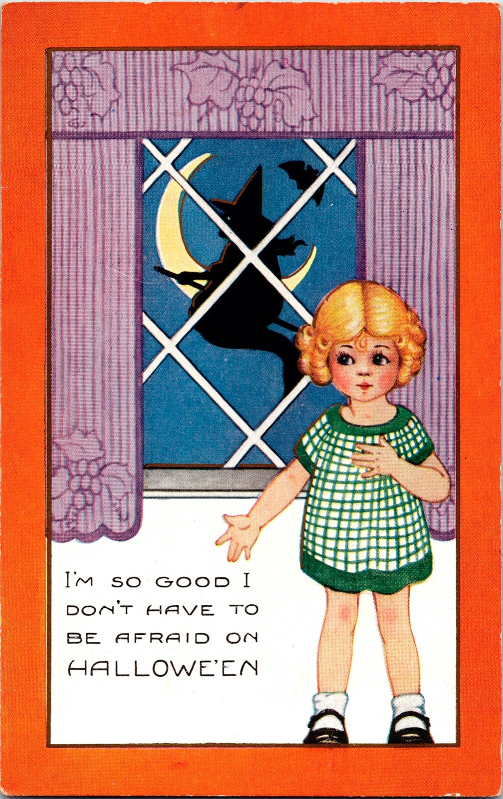 Vintage Whitney Adorable Little Girl, Flying Witch,Bat & Moon Halloween Postcard