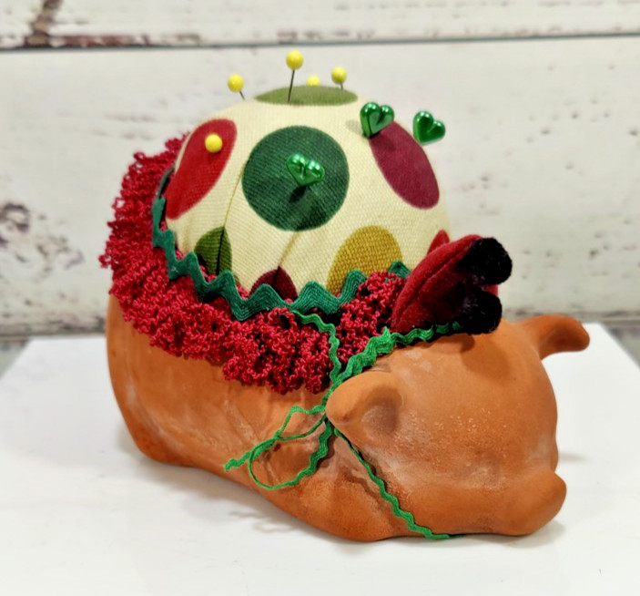 Vintage Hand Made Terra Cotta Sleeping Pig Sewing Supplies Pin Cushion