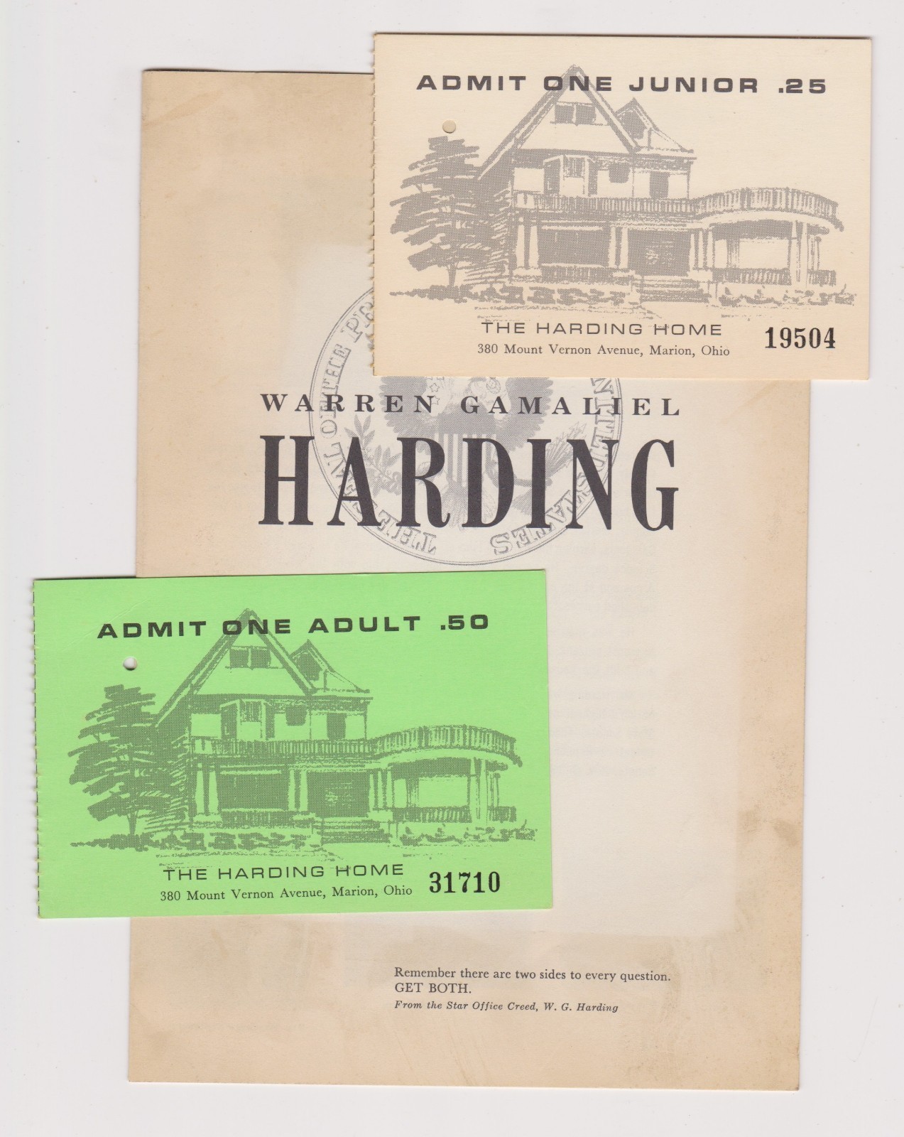 Warren G Harding Home Memorial Museum 8-Page Booklet + 2 Used Entry Tickets