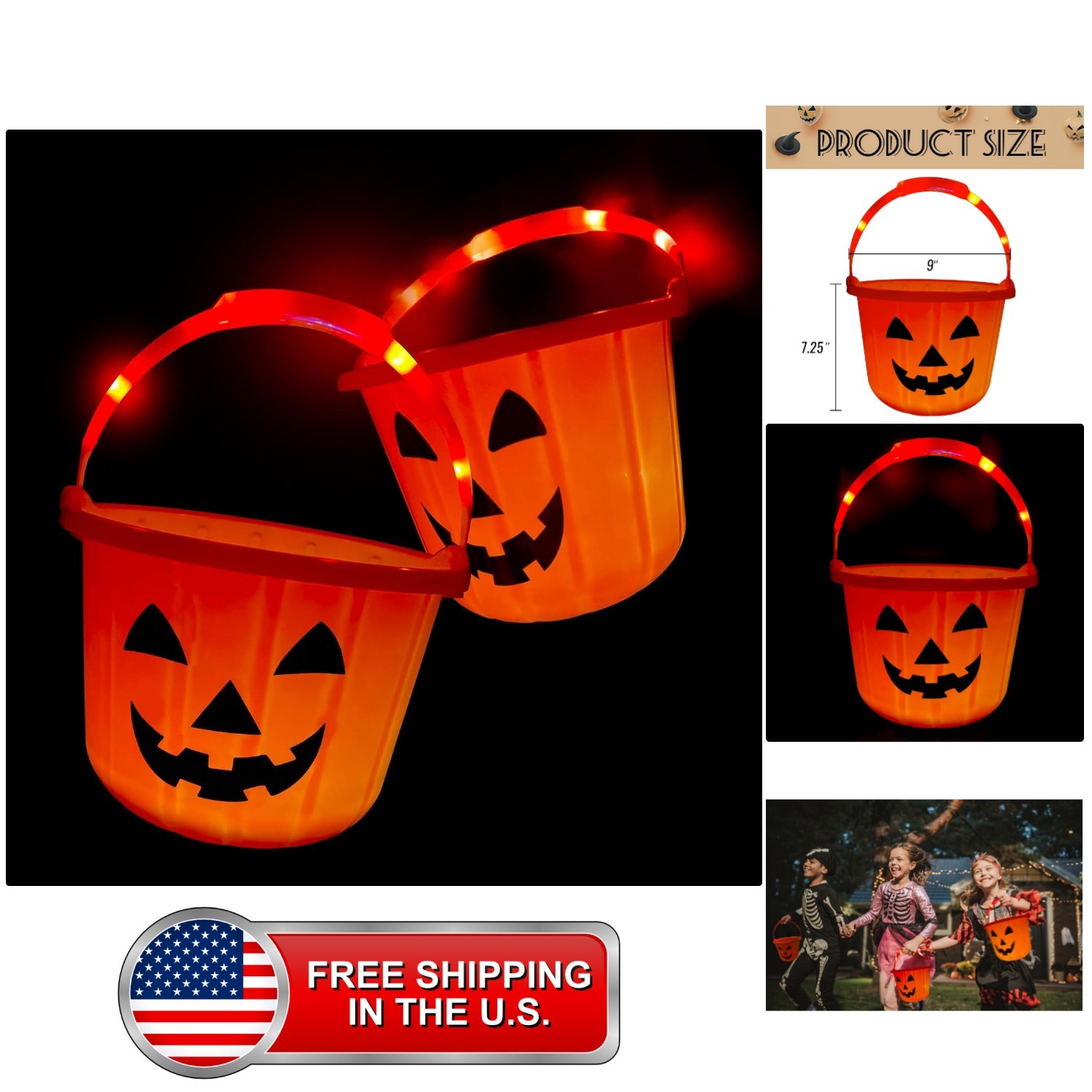 2pc Light Up Halloween Pumpkin Buckets - Plastic Jack O Lantern w/Glow in The...