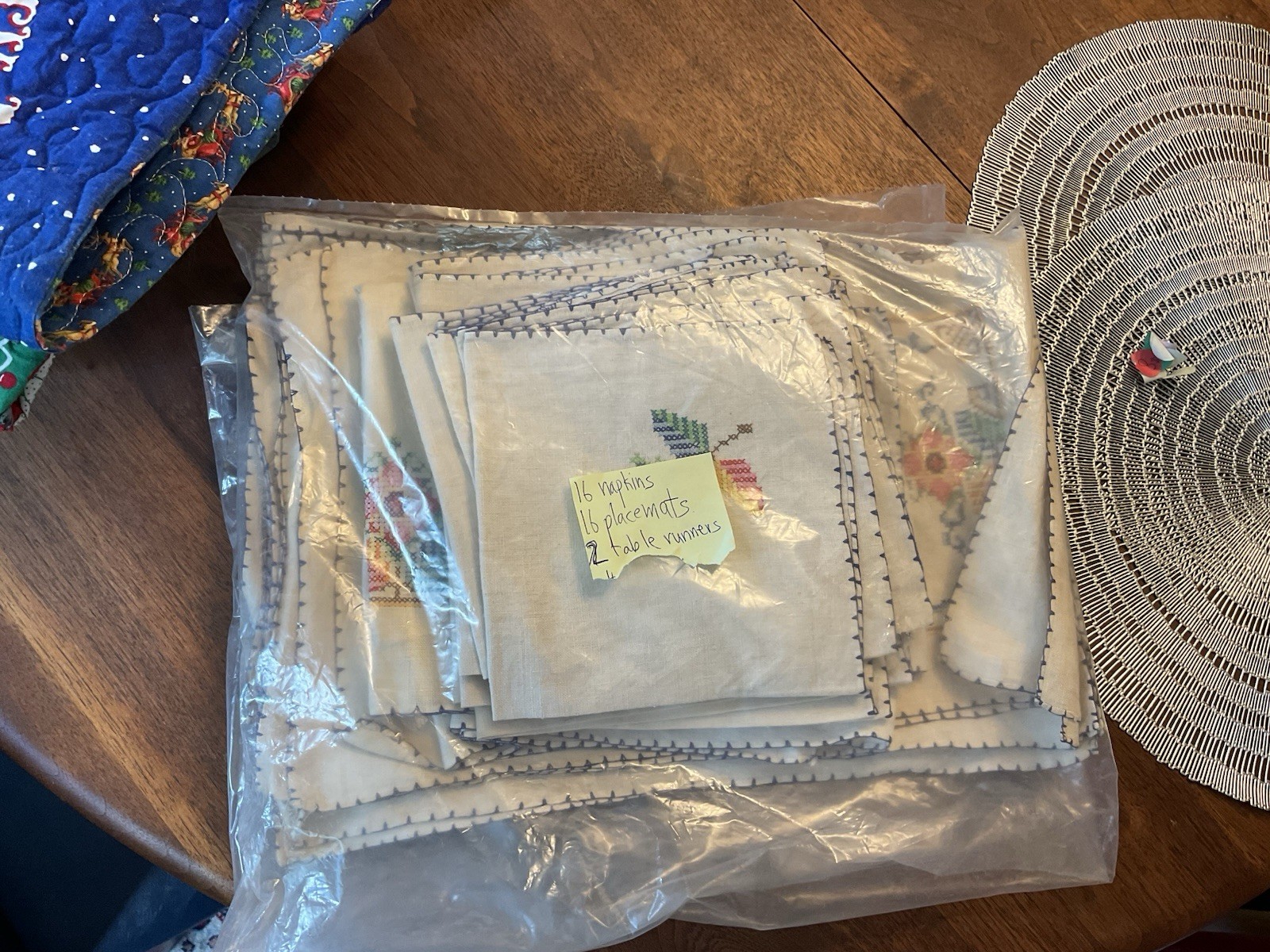 Vintage 34 Piece Hand-Embroidered Cross-Stich Table Linens Set