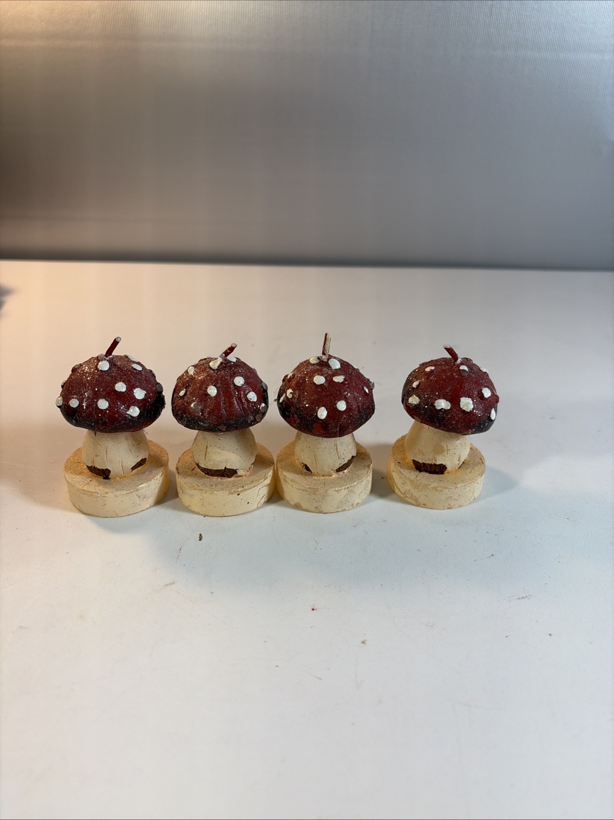 Lot Of 4 Vintage Red White Dot Mushroom Candles Glazed Small 2.25\