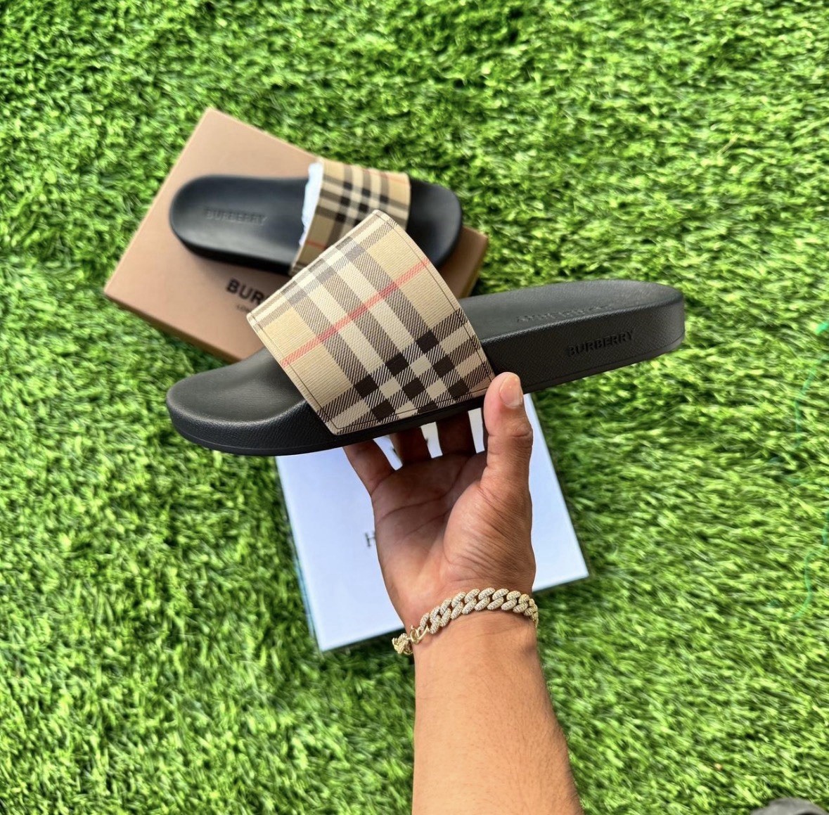 Burberry Men’s Check Slide Sandals Beige/Black Slip-On Logo Accent