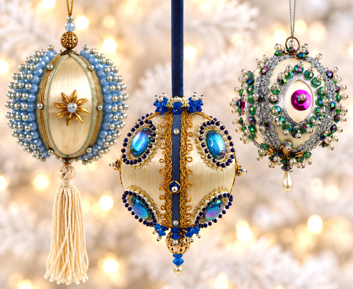 3 Vtg Beaded Push Pin Xmas Ornament Lot MCM BLUE Satin balls jeweled pearl