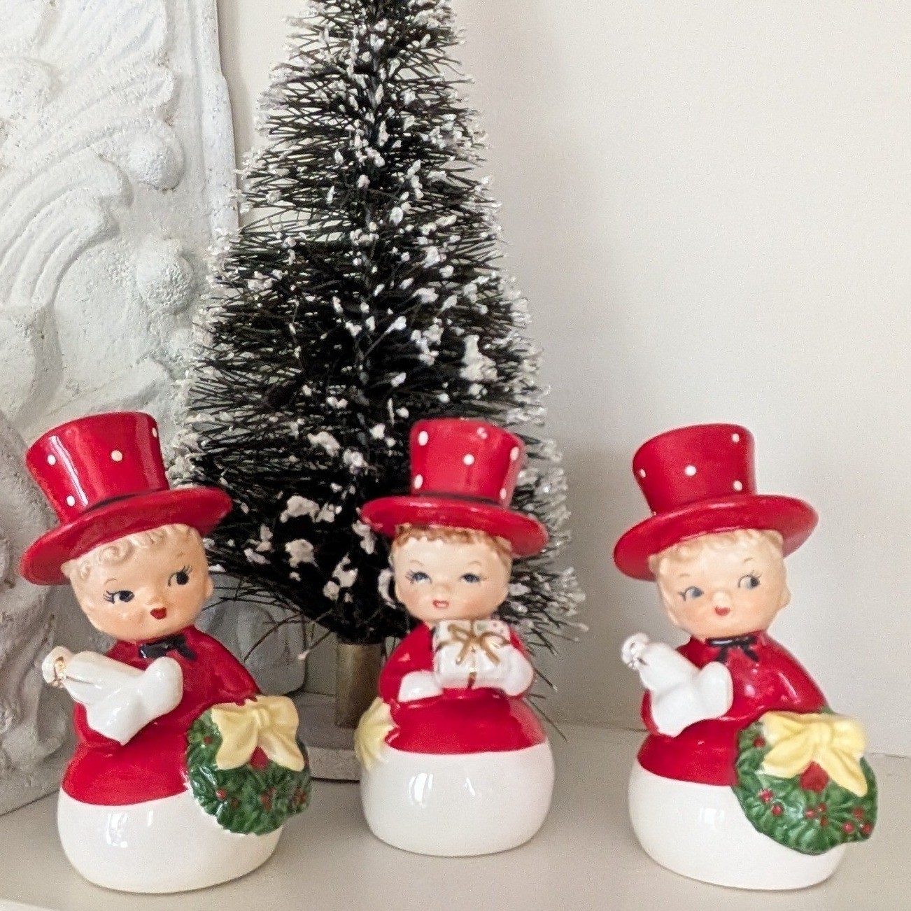 Rare Vintage Set of 3 Metasco Japan Christmas Snowman Boy Ceramic Figures Kitsch