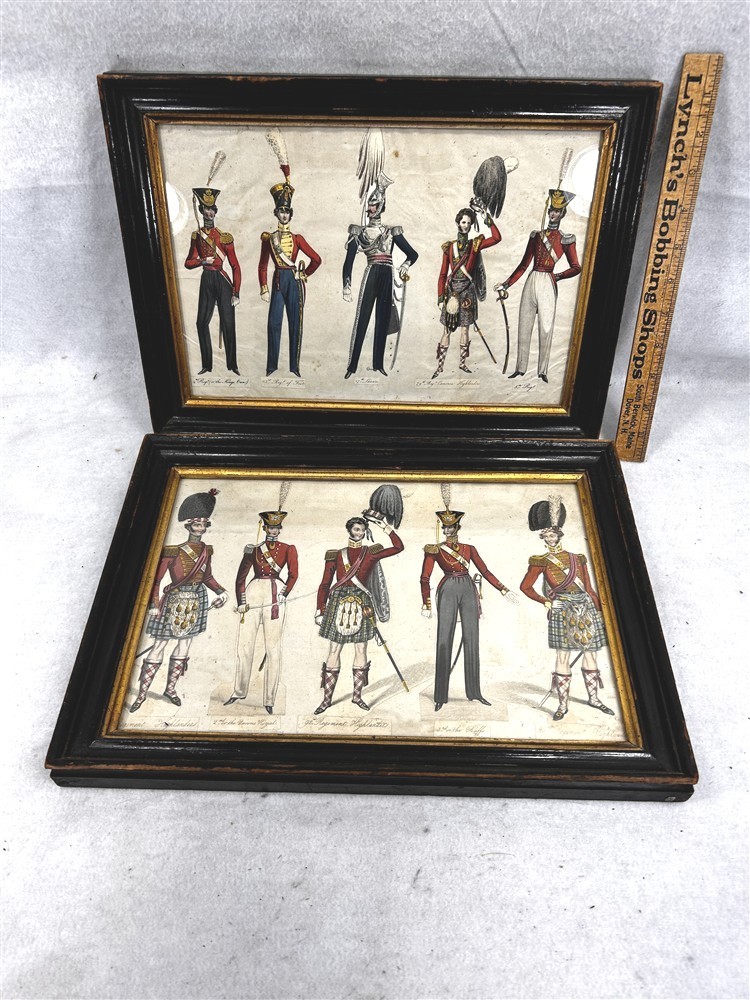 antique soldiers framed print pair hand colored English  red coat 18th original
