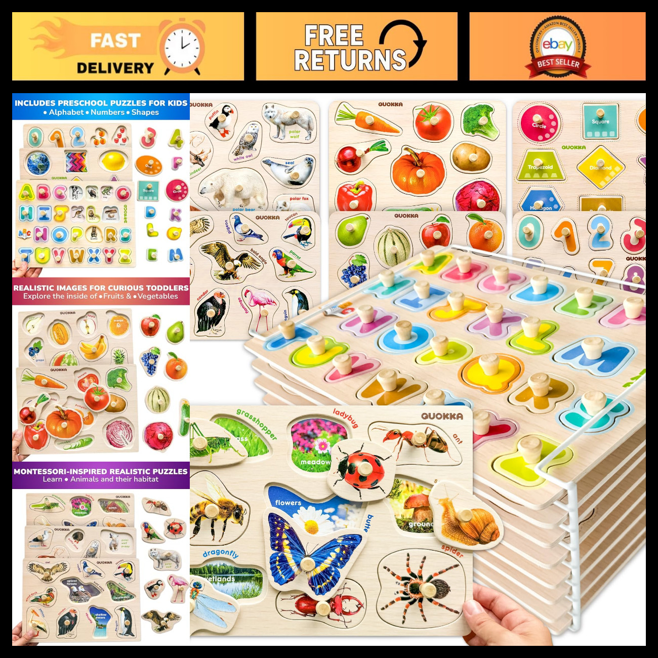 8 Wooden Puzzles for Toddlers 1-3 - Montessori Puzzles Ages 2-4 in a Rack